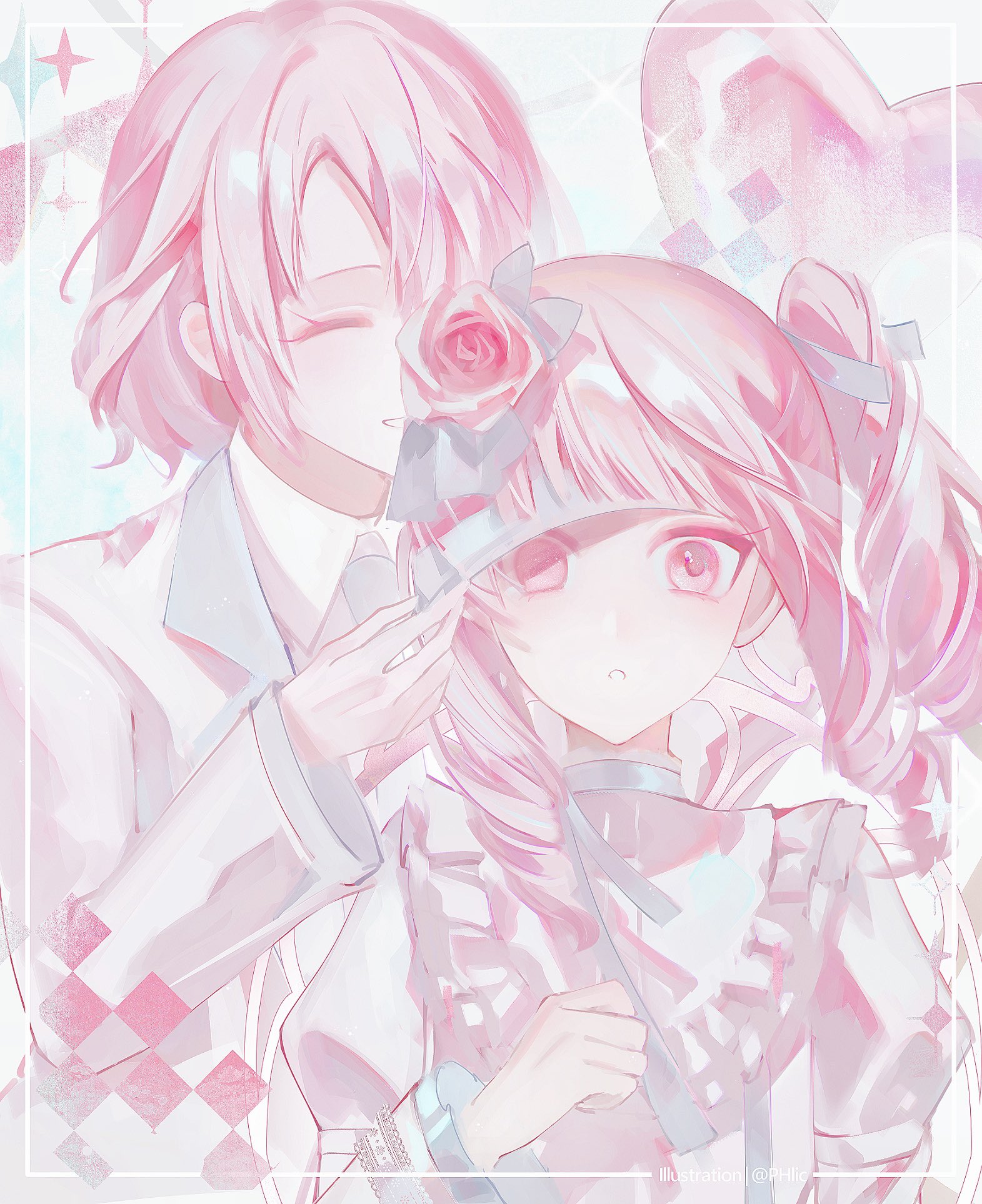 phlic, akiyama mizuki, akiyama yuuki, project sekai, highres, blindfold, chair, closed eyes, collared shirt, double-parted bangs, dress, flower, formal clothes, frilled dress, frills, hair flower, hair ornament, heart, inset border, juliet sleeves, keikyoku no machi wa doko e (project sekai), long hair, long sleeves, medium hair, neck ribbon, necktie, on chair, pastel colors, pink eyes, pink hair, puffy sleeves, removing blindfold, ribbon, shirt, siblings, side ponytail, sidelocks, sitting, sparkle, suit, white dress, white shirt, white suit