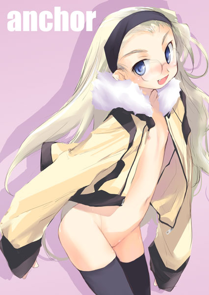 e=mc2 (mosimosi), black thighhighs, blonde hair, blue eyes, cowboy shot, flat chest, glasses, loli, long sleeves, nipples, no panties, open clothes, pink background, revealing clothes, round eyewear, sleeves past wrists, solo, thighhighs