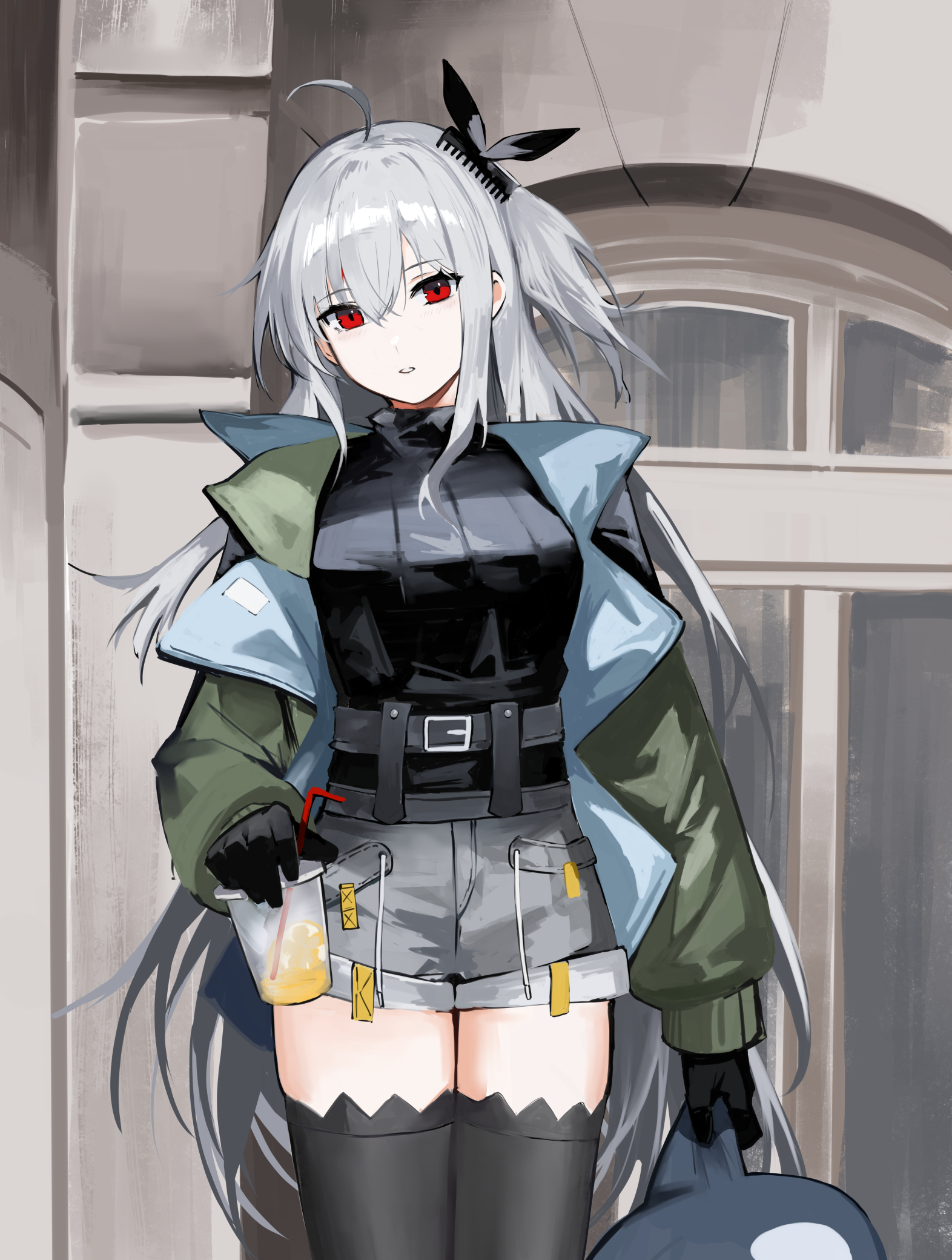 s 4ik4, skadi (arknights), skadi (the next afternoon tea) (arknights), arknights, highres, 1girl, ahoge, belt, black gloves, black shirt, black thighhighs, breasts, coat, cowboy shot, cup, drink, drinking straw, gloves, green coat, green jacket, grey belt, grey hair, grey shorts, hair between eyes, hair ornament, hairclip, head tilt, holding, holding cup, jacket, long hair, long sleeves, looking at viewer, official alternate costume, one side up, open clothes, open jacket, parted lips, red eyes, shirt, shorts, solo, standing, stuffed orca, thighhighs, very long hair