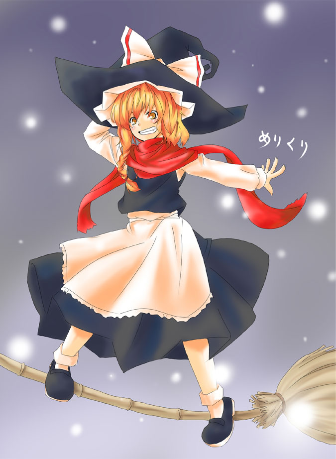 kinsenka, kirisame marisa, perfect cherry blossom, touhou, 1girl, aprilrain, blonde hair, bow, braid, broom, broom riding, broom surfing, female focus, hat, long hair, scarf, smile, snow, snowing, solo, witch hat, yellow eyes