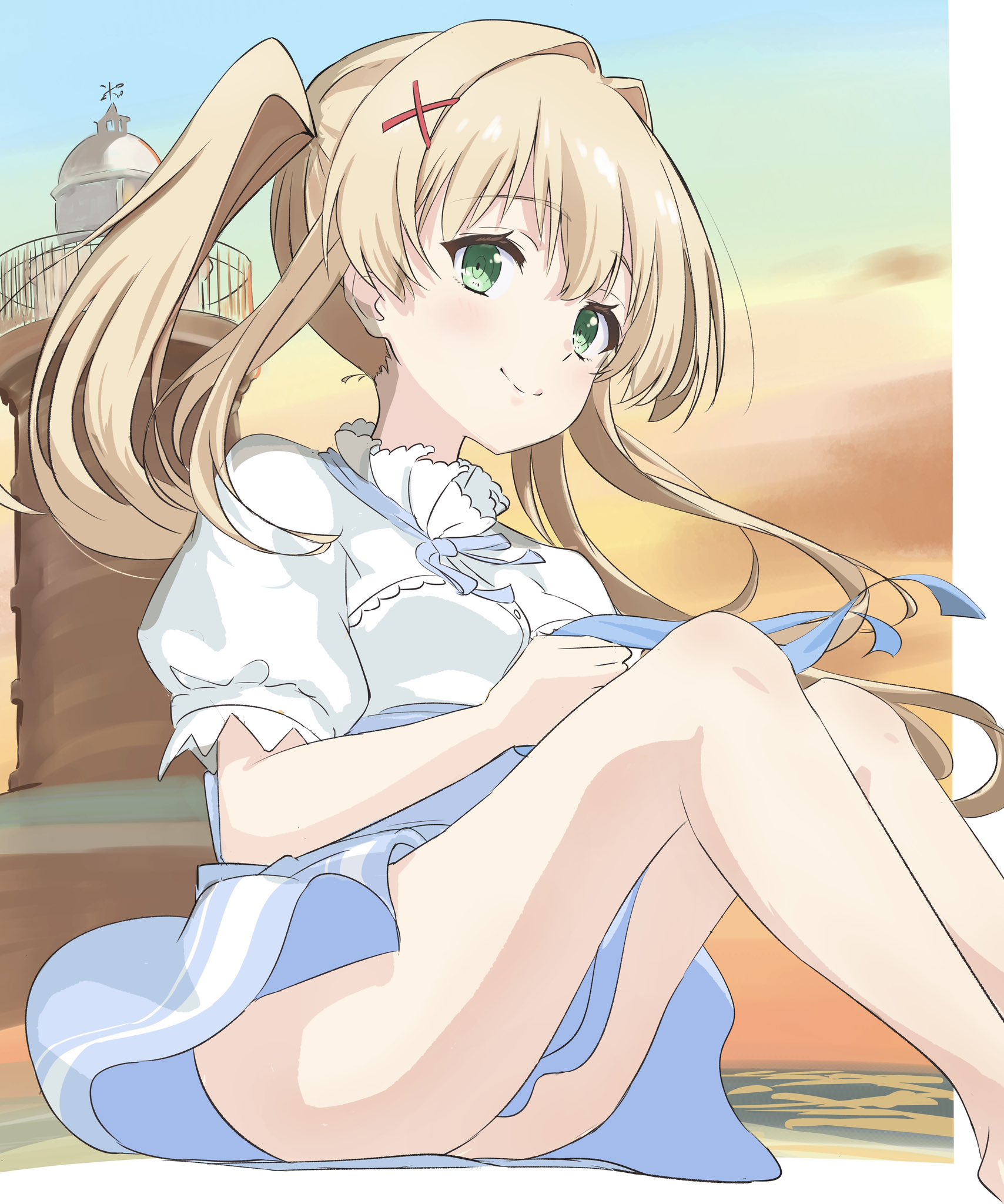 domotteru, tsumugi wenders, summer pockets, commentary, highres, 1girl, bare legs, blonde hair, blue ribbon, blue skirt, blush, closed mouth, eyelashes, feet out of frame, floating clothes, floating hair, green eyes, hair between eyes, hair intakes, hair ornament, happy, high-waist skirt, holding, holding ribbon, knees up, lighthouse, long hair, looking at viewer, neck ribbon, official alternate costume, outdoors, puffy short sleeves, puffy sleeves, ribbon, ringed eyes, shirt, short sleeves, sidelocks, sitting, skirt, smile, solo, split mouth, sunset, thighs, twintails, very long hair, white shirt, wind, x hair ornament