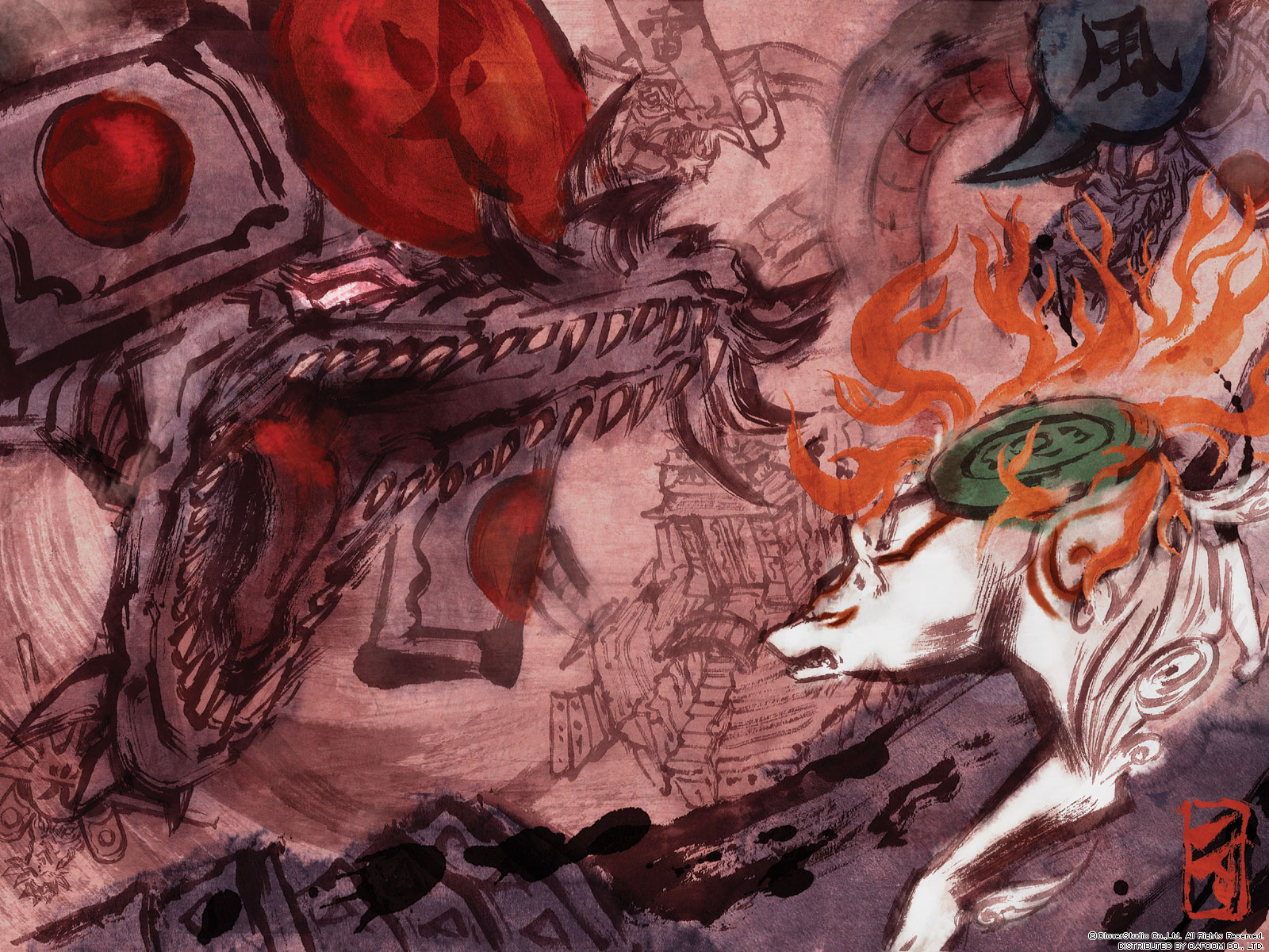amaterasu (ookami), orochi, yamata no orochi (ookami), ookami (game), highres, fine art parody, fire, helmet, no humans, parody, sharp teeth, sumi-e, teeth, wolf