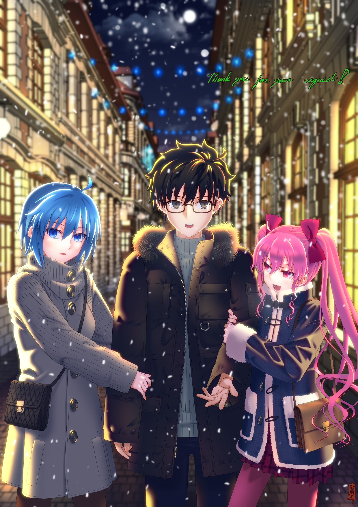 okuribi, ciel (tsukihime), dead apostle noel (tsukihime), noel (tsukihime), tohno shiki, tsukihime, commentary request, highres, 1boy, 2girls, arm hug, blue eyes, blue hair, breath, coat, glasses, grey eyes, long hair, looking at another, multiple girls, night, open mouth, pink hair, red eyes, smile, snowing, twintails, winter