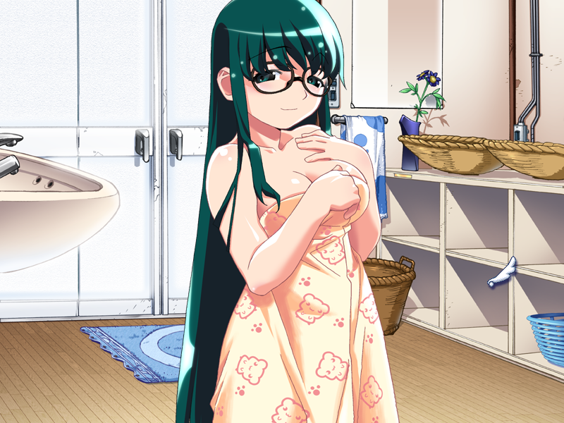 watanabe akio, ai (popotan), popotan, game cg, 00s, 1girl, bathroom, breasts, cleavage, female focus, glasses, green eyes, green hair, long hair, matching hair/eyes, naked towel, smile, solo, towel, very long hair
