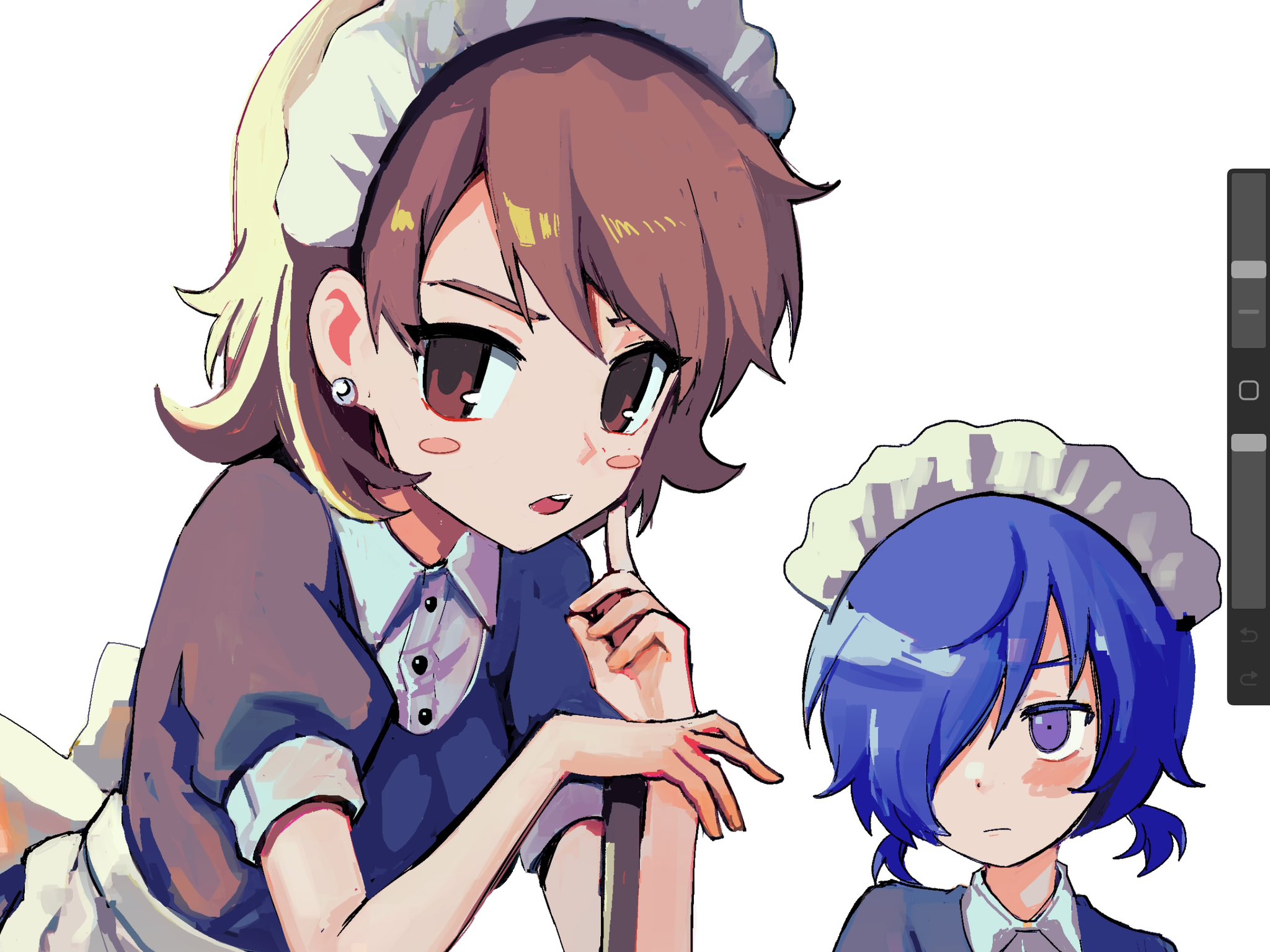 h2co3 vv, takeba yukari, yuuki makoto (persona 3), persona, persona 3, persona 3: dancing moon night, persona dancing, hashtag-only commentary, highres, 1boy, 1girl, apron, art program in frame, black dress, blue hair, blush, blush stickers, brown eyes, brown hair, closed mouth, collared shirt, crossdressing, crossdressing (mtf), dress, earrings, frilled hairband, frills, hair over one eye, hairband, index finger raised, jewelry, leaning forward, looking at another, looking at viewer, low twintails, maid, maid apron, maid headdress, official alternate costume, official alternate hairstyle, open mouth, pearl earrings, puffy short sleeves, puffy sleeves, shirt, short hair, short sleeves, simple background, stud earrings, twintails, upper body, white background, white hairband, white shirt