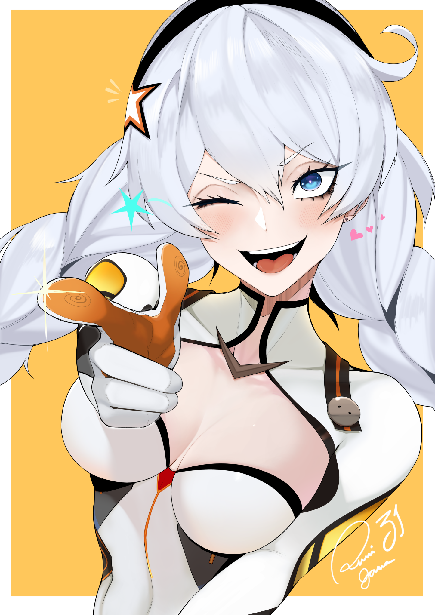 rumi (rumigawa31), kiana kaslana, honkai (series), honkai impact 3rd, highres, 1girl, blue eyes, bodysuit, braid, breasts, hair between eyes, hair ornament, long hair, looking at viewer, multiple girls, one eye closed, open mouth, sanpaku, smile, solo, twin braids, very long hair, white bodysuit, white hair