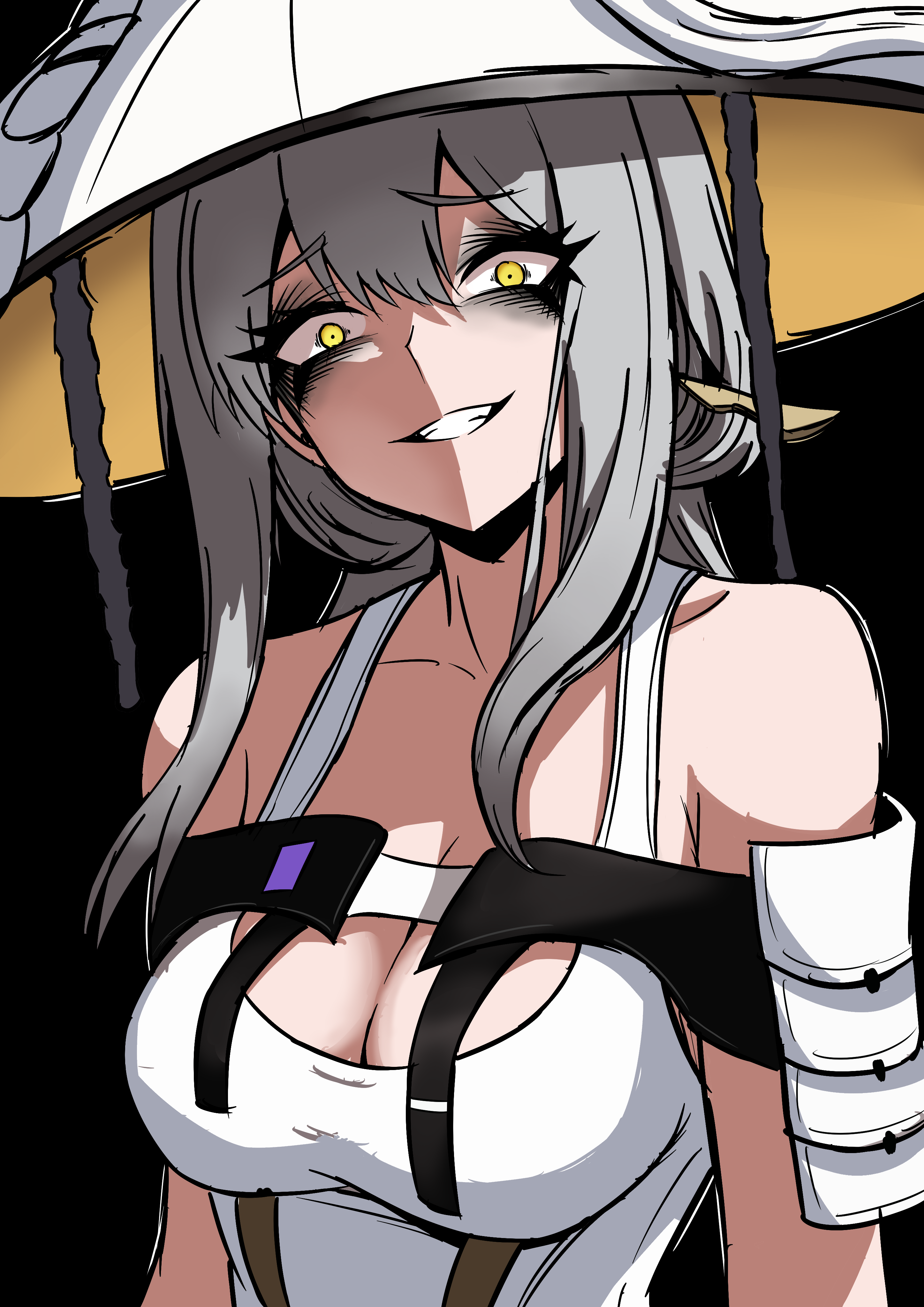 nagainegi, scarlet (nikke), goddess of victory: nikke, absurdres, highres, 1girl, bags under eyes, bare shoulders, blush, bodysuit, breasts, cleavage, grey hair, hair between eyes, hat, holding, large breasts, long hair, looking at viewer, navel, smile, solo, yellow eyes