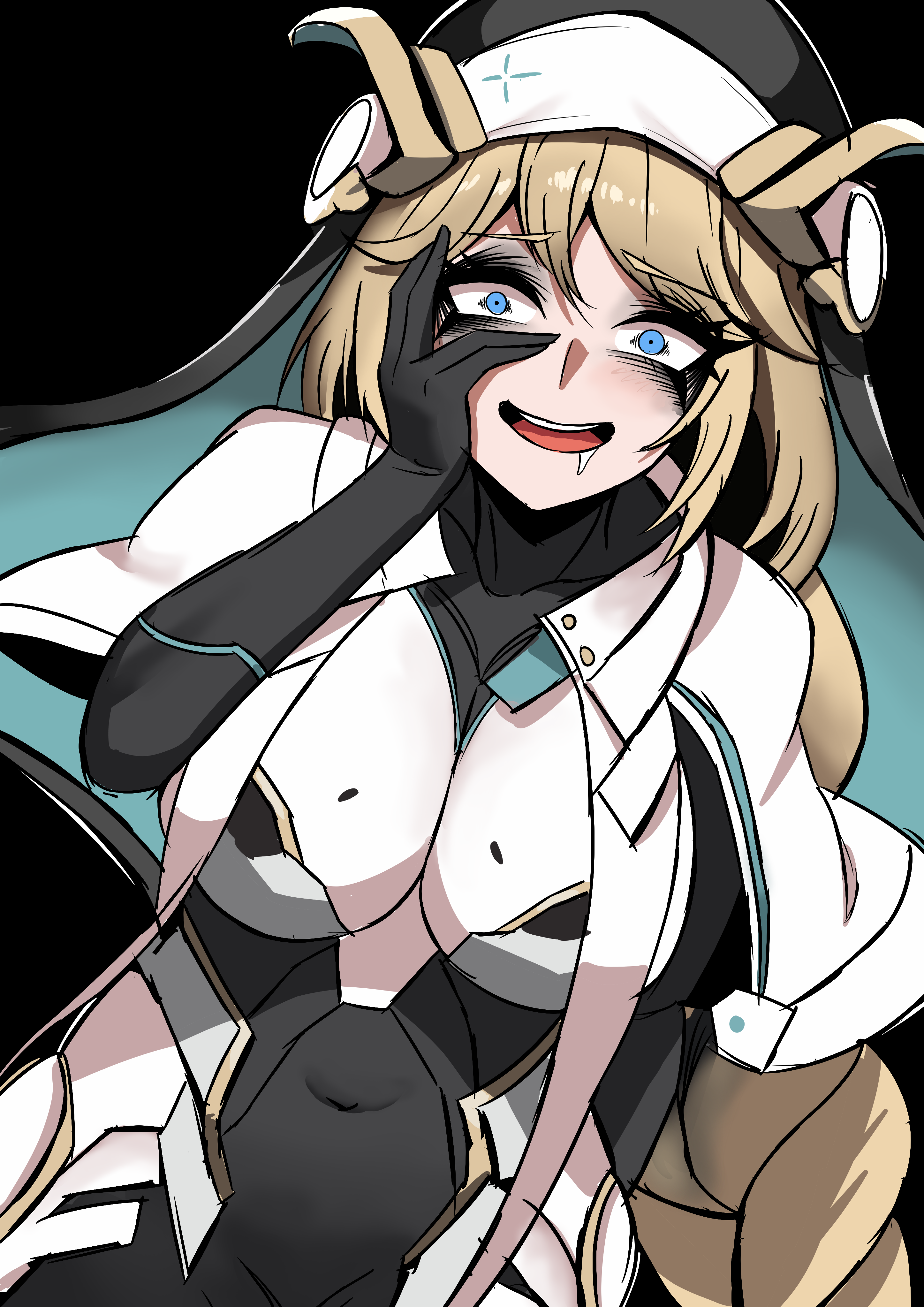 nagainegi, rapunzel (nikke), goddess of victory: nikke, absurdres, highres, 1girl, armored bodysuit, bags under eyes, black gloves, blonde hair, blue eyes, blush, braid, breasts, cleavage, cross bracelet, dress, flower-shaped hair, gloves, hair between eyes, large breasts, long hair, looking at viewer, nun, open mouth, smile, solo, very long hair, visor lift