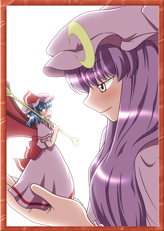 nanahoshi tsukasa, patchouli knowledge, remilia scarlet, touhou, framed, 2girls, female focus, half-closed eyes, looking at another, mini person, minigirl, multiple girls, profile, spoon