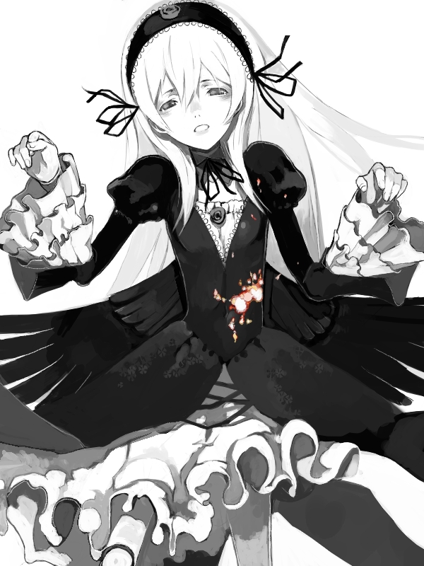 fakepucco, suigintou, rozen maiden, tagme, 00s, greyscale, monochrome, pantyhose, sketch, solo