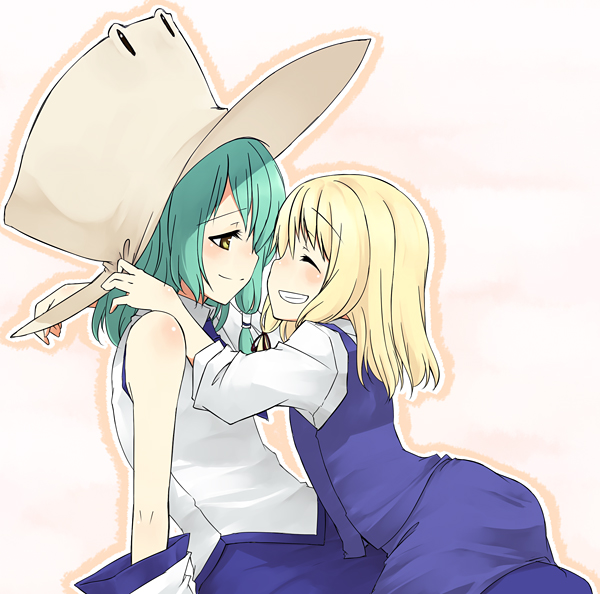 sakuraba yuuki, kochiya sanae, moriya suwako, touhou, eyebrows, 2girls, :d, ^ ^, blonde hair, blue dress, blush, breasts, brown eyes, closed eyes, detached sleeves, dress, female focus, from side, green hair, grin, hat, long sleeves, multiple girls, nontraditional miko, open mouth, short hair, small breasts, smile, sweater, teeth, vest