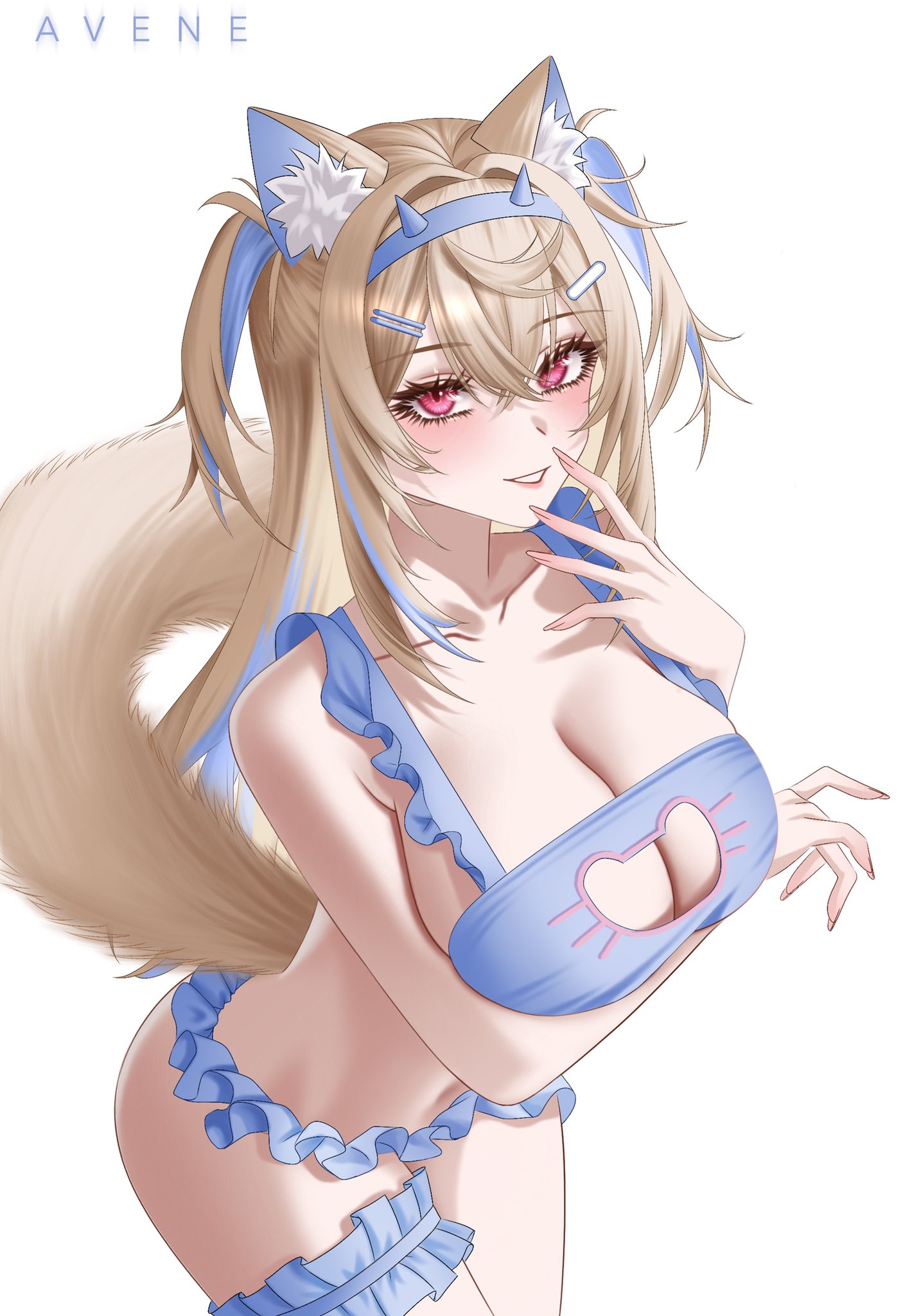 fuwawa abyssgard, hololive, hololive english, commentary, highres, 1girl, animal ear fluff, animal ears, arm under breasts, avene chan, blonde hair, blue bra, blue hairband, blue panties, bra, breasts, cat cutout, cat lingerie, cleavage, cleavage cutout, clothing cutout, crossed bangs, dog ears, dog girl, dog tail, double-parted bangs, frilled bra, frilled panties, frilled thigh strap, frills, grin, hair between eyes, hair ornament, hairband, hairclip, hand up, horn hairband, large breasts, long hair, looking at viewer, multicolored hair, navel, panties, parallel hairclips, pink eyes, simple background, smile, solo, streaked hair, tail, thigh strap, two side up, underwear, underwear only, virtual youtuber, white background