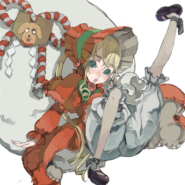 fakepucco, kunkun, shinku, rozen maiden, 00s, 1girl, blonde hair, bloomers, dress, female focus, leg up, solo, underwear