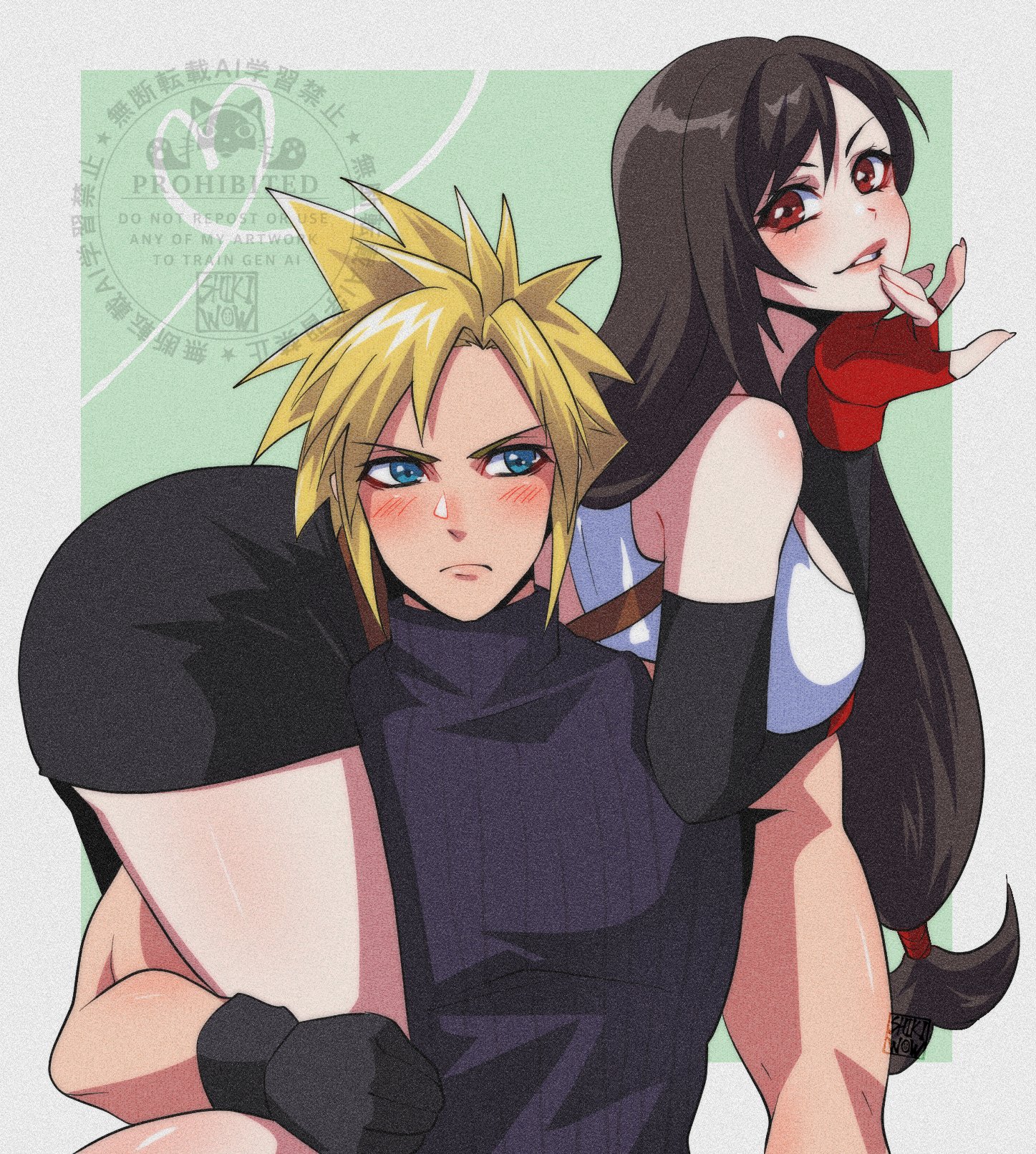 shikiwo, cloud strife, tifa lockhart, final fantasy, final fantasy vii, hashtag-only commentary, highres, 1boy, 1girl, belt, black gloves, black hair, black skirt, blonde hair, blue eyes, blue sweater, blush, breasts, carrying, carrying person, closed mouth, feet out of frame, fingerless gloves, fireman's carry, gloves, heart, large breasts, lips, long hair, low-tied long hair, miniskirt, parted lips, pencil skirt, pink lips, red eyes, red gloves, ribbed sweater, skirt, sleeveless, sleeveless turtleneck, spiked hair, suspender skirt, suspenders, sweater, tank top, thighs, turtleneck, turtleneck sweater, upper body, white tank top