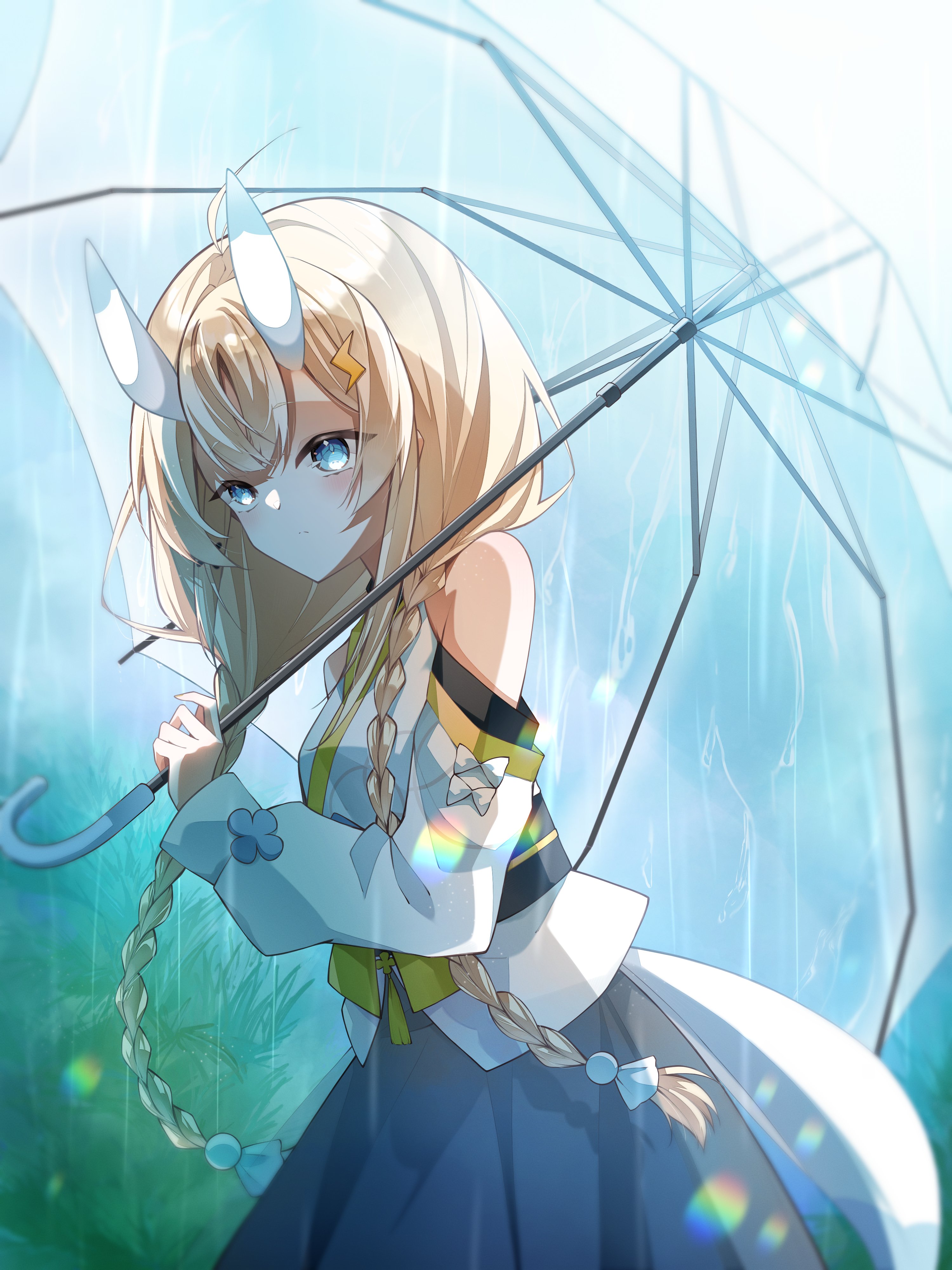 wagashifish, kadou mikaru, nijisanji, absurdres, highres, 1girl, ahoge, backlighting, bare shoulders, black skirt, blonde hair, blue eyes, blue horns, blue tail, blush, bow, braid, breasts, closed mouth, clothing cutout, cowboy shot, detached sleeves, from side, hair ornament, hair over shoulder, hakama, hakama skirt, holding, holding umbrella, horns, japanese clothes, kimono, leaning forward, lens flare, lightning bolt, lightning bolt hair ornament, lightning bolt symbol, long sleeves, low twin braids, medium breasts, multicolored horns, no headwear, no jacket, obi, obi bow, obijime, outdoors, puffy long sleeves, puffy sleeves, rain, sash, shade, sidelocks, skirt, solo, tail, tail through clothes, teruterubouzu, transparent, transparent umbrella, twin braids, two-tone horns, two-tone tail, umbrella, upturned eyes, virtual youtuber, weeds, white bow, white horns, white kimono, white tail, yellow bow