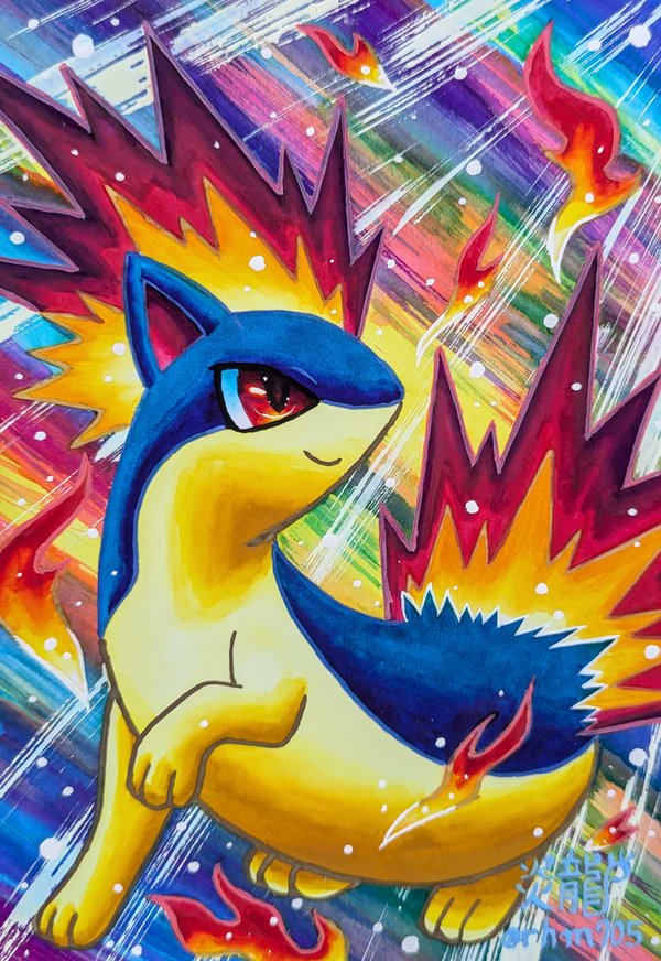 enryuu (pixiv3483358), quilava, nintendo, pokemon, animal focus, closed mouth, fiery tail, fire, full body, gen 2 pokemon, no humans, pokemon (creature), pokemon focus, red eyes, smile, tail