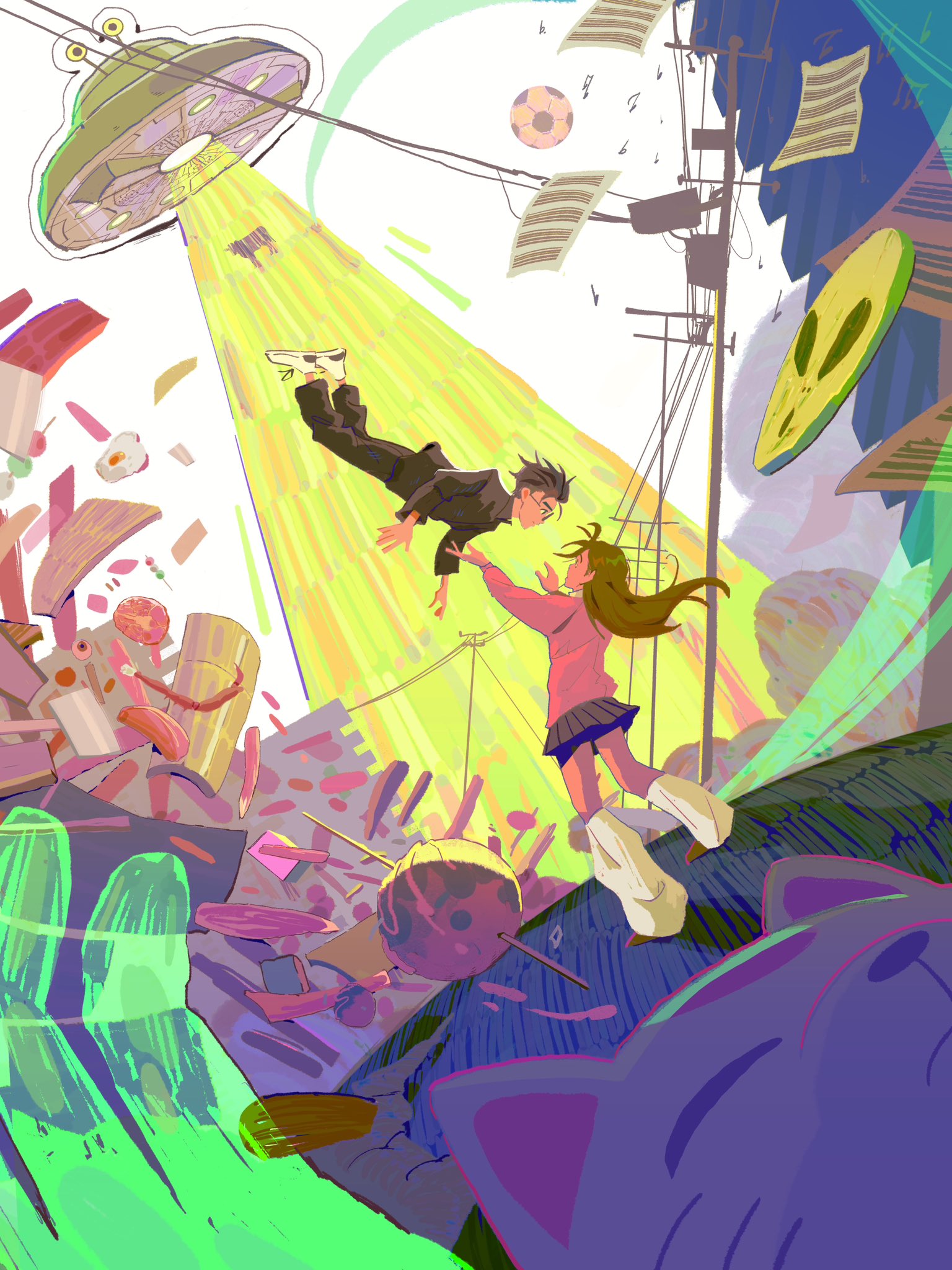 ayase momo, takakura ken (dandadan), turbo granny (dandadan), dandadan, hashtag-only commentary, highres, 1boy, 1girl, animal, arms up, ball, black hair, black jacket, black pants, blue skirt, brown hair, brown shoes, cow, floating, full body, gakuran, glasses, jacket, kami high school uniform, long hair, long sleeves, looking at viewer, marumarks, miniskirt, musical note, pants, paper, pink sweater, pleated skirt, power lines, scenery, school uniform, shoes, short hair, skirt, soccer ball, socks, standing, sweater, tractor beam, ufo, white socks