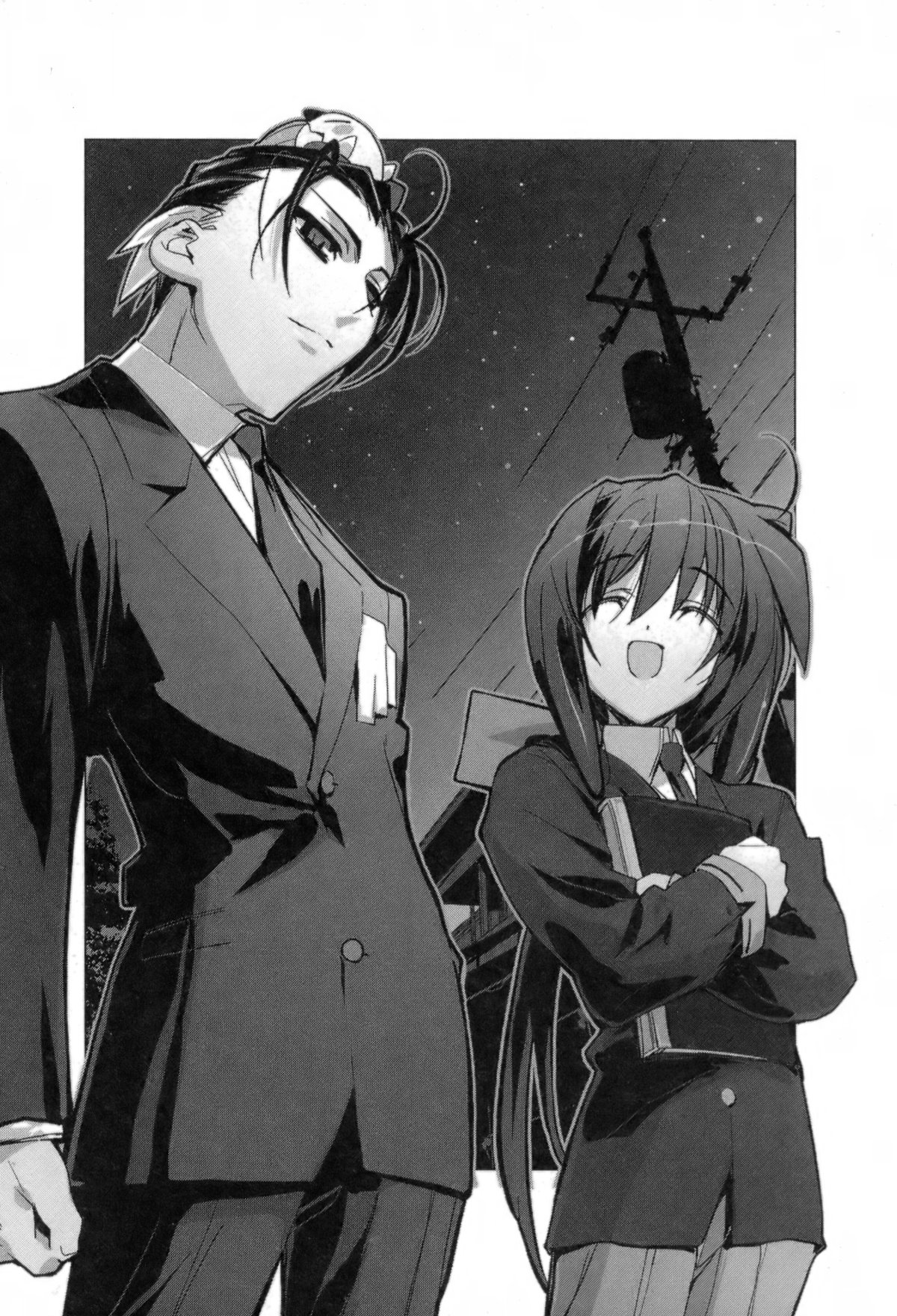 baku (artist), kazami chisato, sadagiru shinjou, sayama mikoto, shinjou sadagiri, shinjou setsu, owari no chronicle, highres, 2boys, greyscale, monochrome, multiple boys, night, night sky, sky