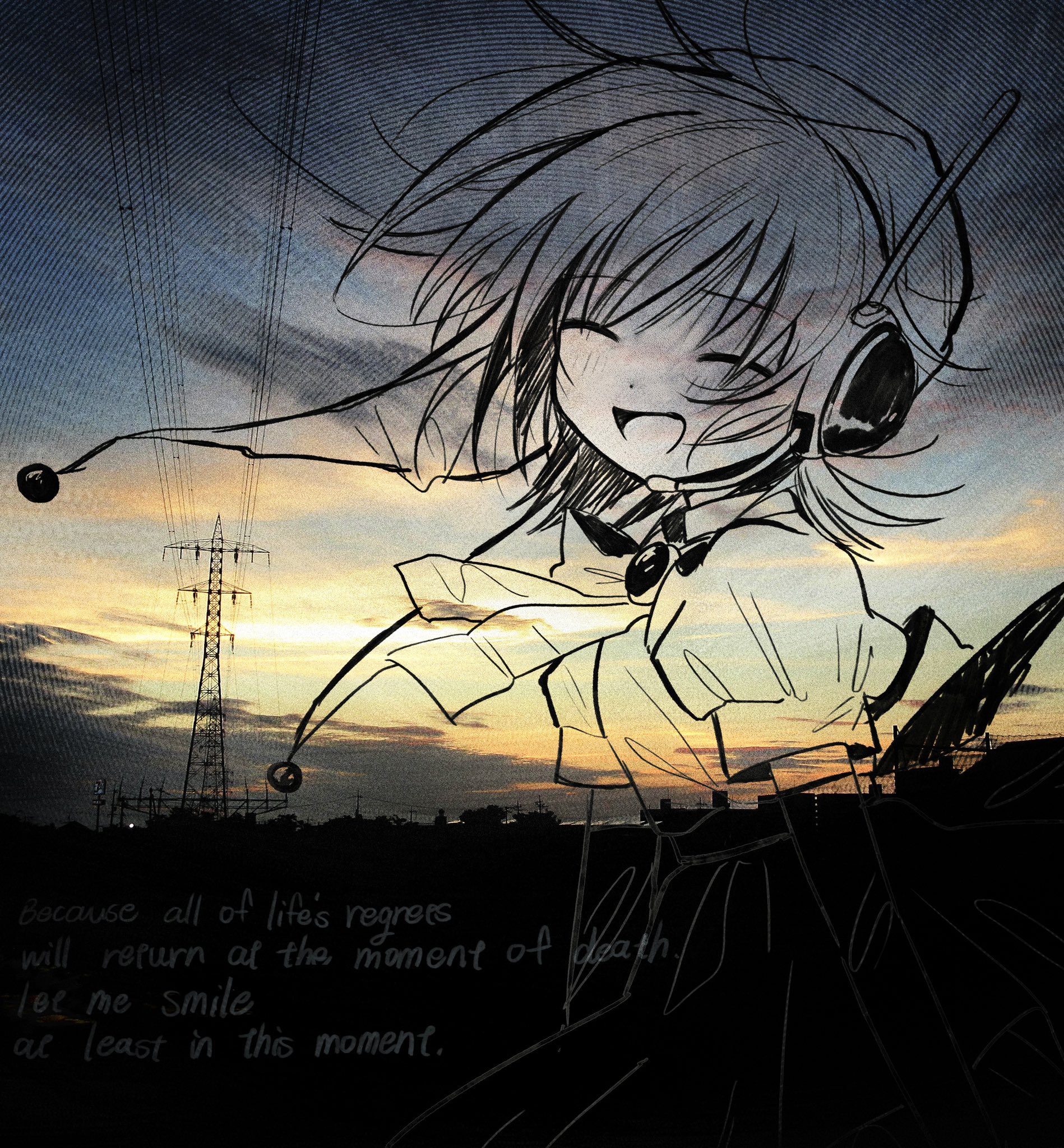pepeppepe101, original, highres, 1girl, closed eyes, cloud, english text, evening, facing viewer, hat, headset, jester cap, lineart, open mouth, outdoors, photo background, power lines, puffy short sleeves, puffy sleeves, short sleeves, smile, solo, upper body
