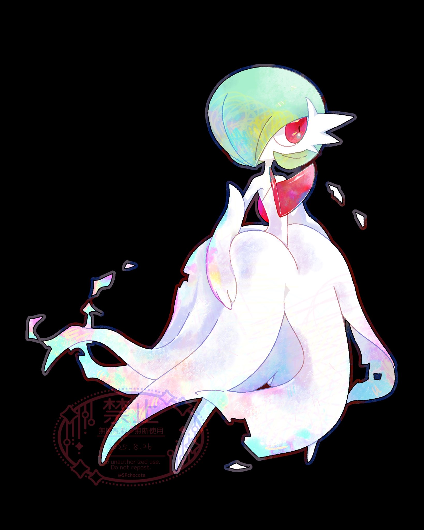 chocota (spchocota), gardevoir, mega gardevoir, nintendo, pokemon, highres, 1other, black background, bob cut, colored skin, dress, elbow gloves, gen 3 pokemon, gloves, green hair, hair over one eye, mega pokemon, pokemon (creature), pokemon focus, red eyes, simple background, strapless, strapless dress, white dress, white skin