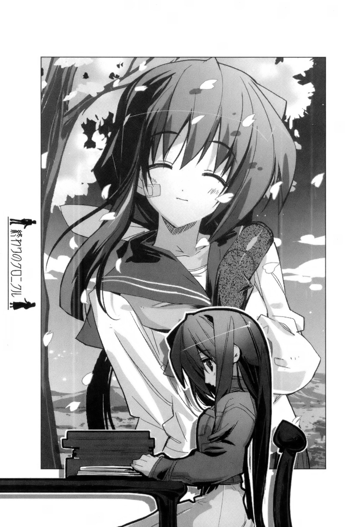 satoyasu, sadagiru shinjou, shinjou sadagiri, shinjou sadame, shinjou yukio, owari no chronicle, highres, 1girl, cherry blossoms, cloud, collarbone, day, from side, greyscale, head tilt, long sleeves, monochrome, outdoors, plant, profile, school uniform, serafuku, sitting, sky, spring (season), tree, upper body