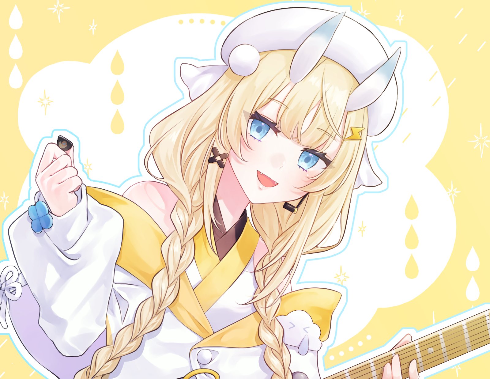 soppppphie, kadou mikaru, nijisanji, highres, 1girl, :d, bare shoulders, blonde hair, blue eyes, blue horns, blush, braid, coat, coat partially removed, dutch angle, fangs, guitar, hair ornament, hair over shoulder, hat, headset, holding, holding guitar, holding instrument, holding plectrum, horns, instrument, japanese clothes, kimono, layered sleeves, lightning bolt, lightning bolt hair ornament, lightning bolt symbol, long sleeves, looking at viewer, low twin braids, multicolored horns, open mouth, outline, plectrum, pom pom (clothes), pom pom hair ornament, puffy long sleeves, puffy sleeves, short over long sleeves, short sleeves, sidelocks, simple background, smile, solo, twin braids, two-tone horns, upper body, virtual youtuber, white coat, white hat, white horns, white kimono, white outline, x hair ornament, yellow background, yellow trim