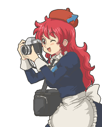 kasuga (kasuga39), commons, commons-tan, os-tan, wikipedia, lowres, 1girl, apron, beret, brown hat, camera, female focus, freckles, hat, jaggy lines, long hair, matching hair/eyes, red eyes, red hair, simple background, solo, waist apron, white background