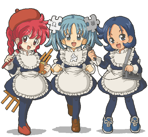 kasuga (kasuga39), commons, commons-tan, quote-tan, quote (wiki), wikipe-tan, os-tan, wikipedia, blue legwear, 3girls, :d, apron, art brush, beret, blue dress, blue eyes, blue hair, blush, braid, child, clenched hand, dress, easel, flat chest, flipped hair, freckles, frilled apron, frills, hair ornament, happy, hat, head tilt, holding, jaggy lines, leg lift, lineup, loafers, long hair, long sleeves, looking at viewer, maid, maid apron, matching hair/eyes, microphone, multiple girls, oekaki, open mouth, paintbrush, pantyhose, parted bangs, pigeon-toed, puzzle piece, red eyes, red hair, shadow, shoes, short dress, short hair, short twintails, simple background, sleeve cuffs, smile, sneakers, standing, strap, twintails, waist apron, white background