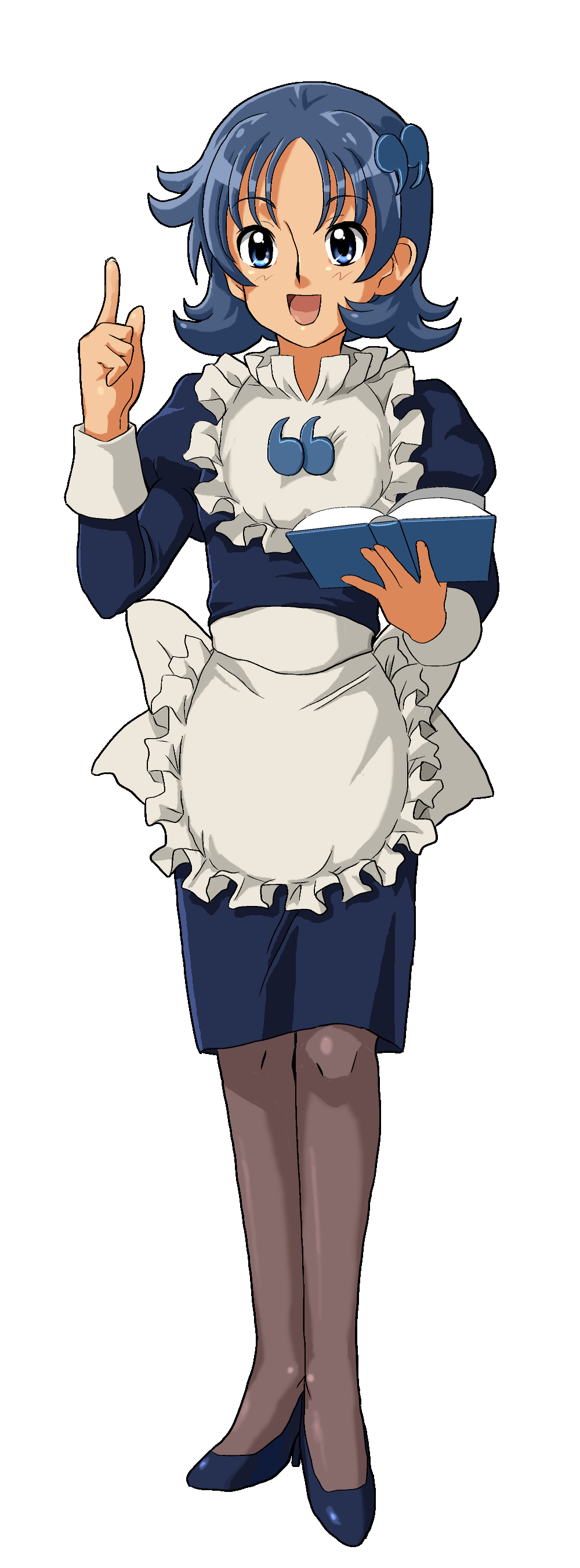 kasuga (kasuga39), quote-tan, wikipe-tan, os-tan, wikipedia, absurdres, highres, long image, tall image, 1girl, ||/, apron, blue eyes, blue hair, book, female focus, full body, index finger raised, japanese clothes, looking at viewer, matching hair/eyes, open mouth, pantyhose, pointing, pointing up, short hair, smile, solo, standing, transparent background, waist apron