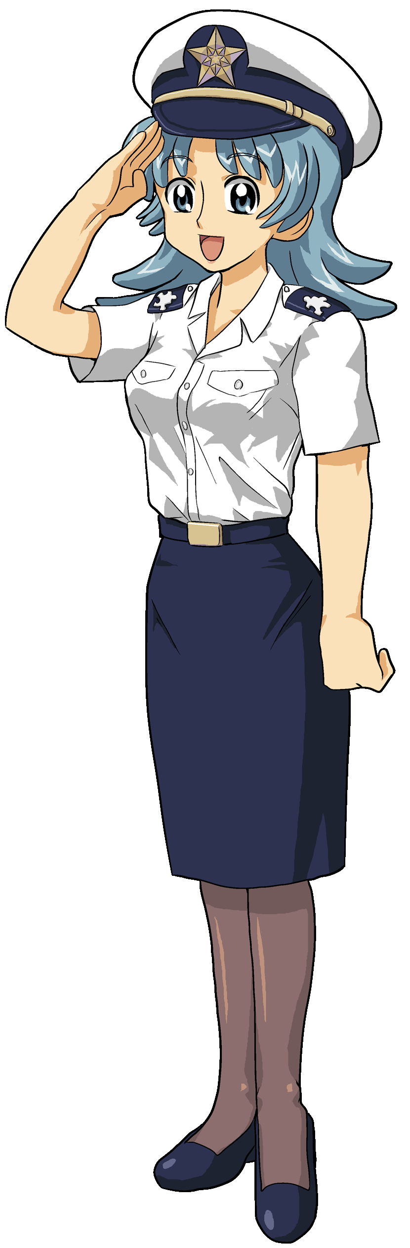kasuga (kasuga39), wikipe-tan, wikipedia, navy, absurdres, highres, long image, tall image, 1girl, aged up, female focus, full body, hat, matching hair/eyes, open mouth, pantyhose, salute, skirt, smile, solo, standing, transparent background