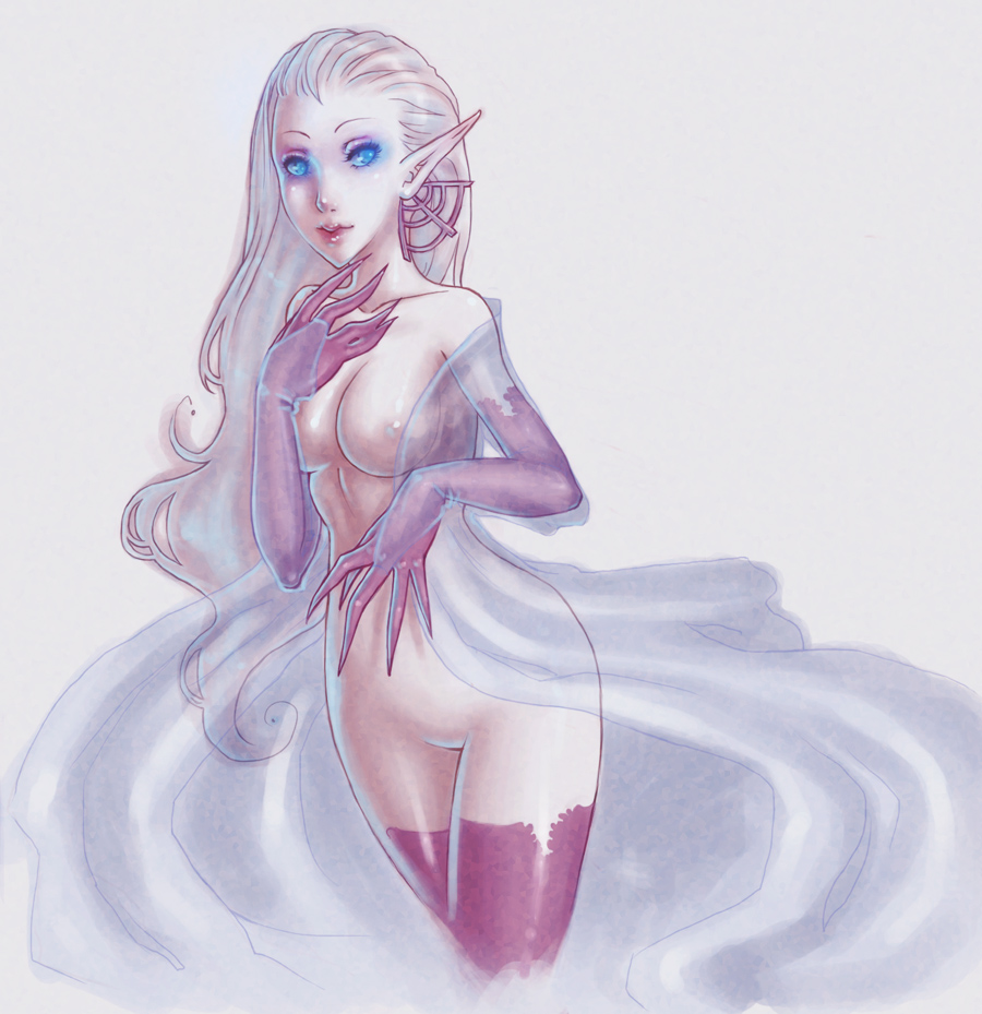 anitacica, shiva (final fantasy), final fantasy, final fantasy xi, 00s, blue eyes, breasts, lips, long hair, nipples, pointy ears, see-through clothes, simple background