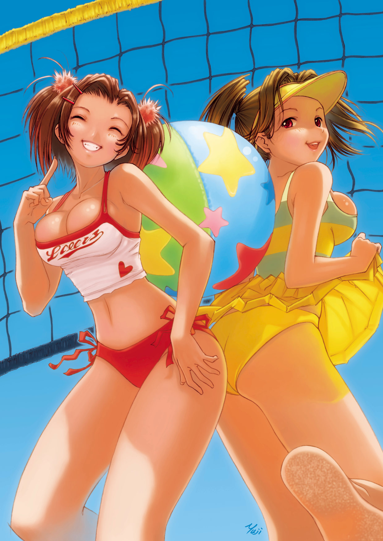 kobayashi yuji, original, highres, 2girls, ball, barefoot, beach, beachball, bikini, breasts, brown hair, cleavage, closed eyes, grin, huge breasts, large breasts, multiple girls, pointing, red eyes, short twintails, side-tie bikini bottom, smile, swimsuit, tank top, tankini, twintails, volleyball net