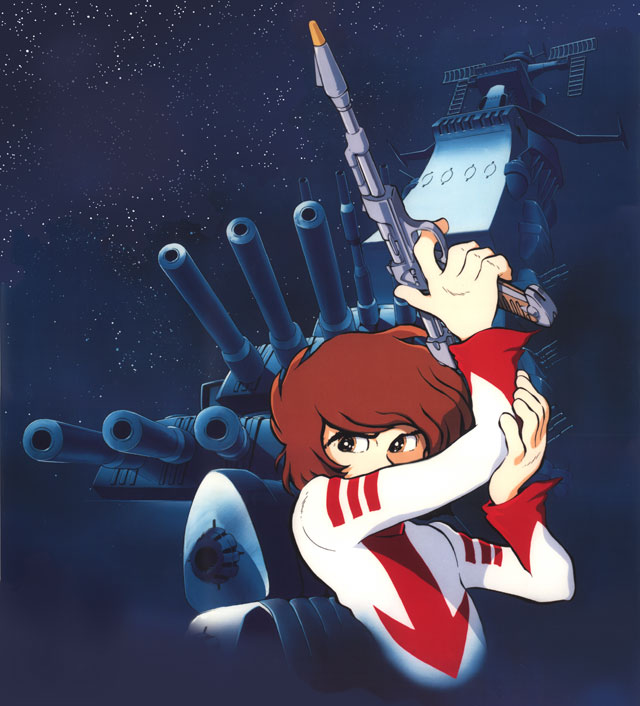 matsumoto leiji, kodai susumu, yamato (uchuu senkan yamato), uchuu senkan yamato, official art, promotional art, 1970s (style), 1boy, battleship, brown hair, energy gun, gun, handgun, male focus, military, military uniform, military vehicle, oldschool, pistol, ray gun, retro artstyle, science fiction, ship, short hair, solo, space, spacecraft, star (sky), star (symbol), warship, watercraft, weapon, wide sleeves