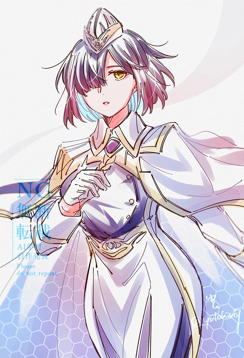 yutohiroya, hodr (fire emblem), fire emblem, fire emblem heroes, nintendo, commentary, highres, 1girl, black hair, blue hair, bob cut, breasts, cape, dress, garrison cap, gloves, hair over one eye, hat, long sleeves, looking at viewer, medium breasts, multicolored hair, parted lips, short hair, simple background, solo, white cape, white dress, white gloves, yellow eyes