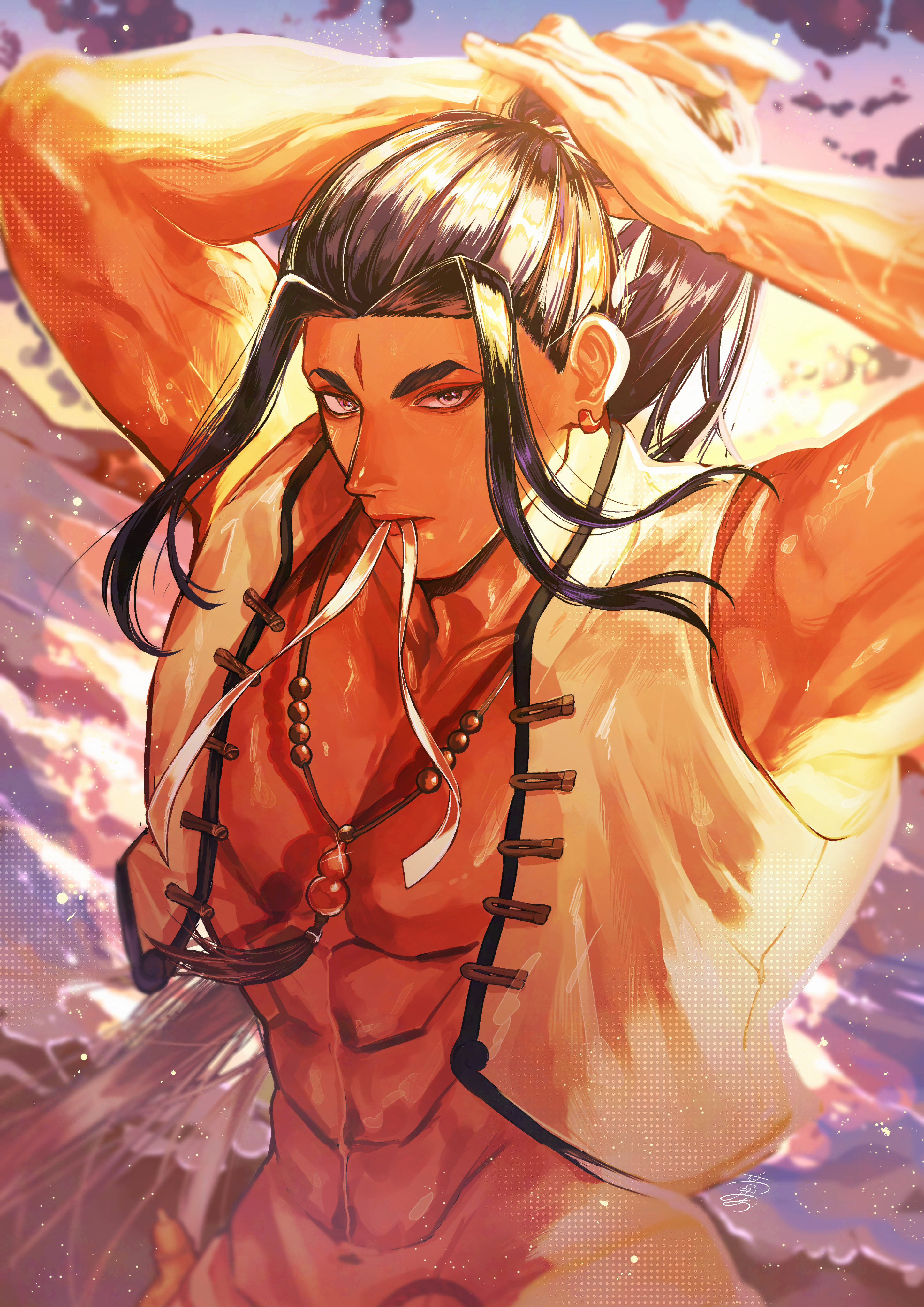 takai misa, jamie siu, street fighter, street fighter 6, absurdres, commentary, highres, symbol-only commentary, 1boy, abs, black hair, gourd, long hair, male focus, muscular, muscular male, navel, signature, solo
