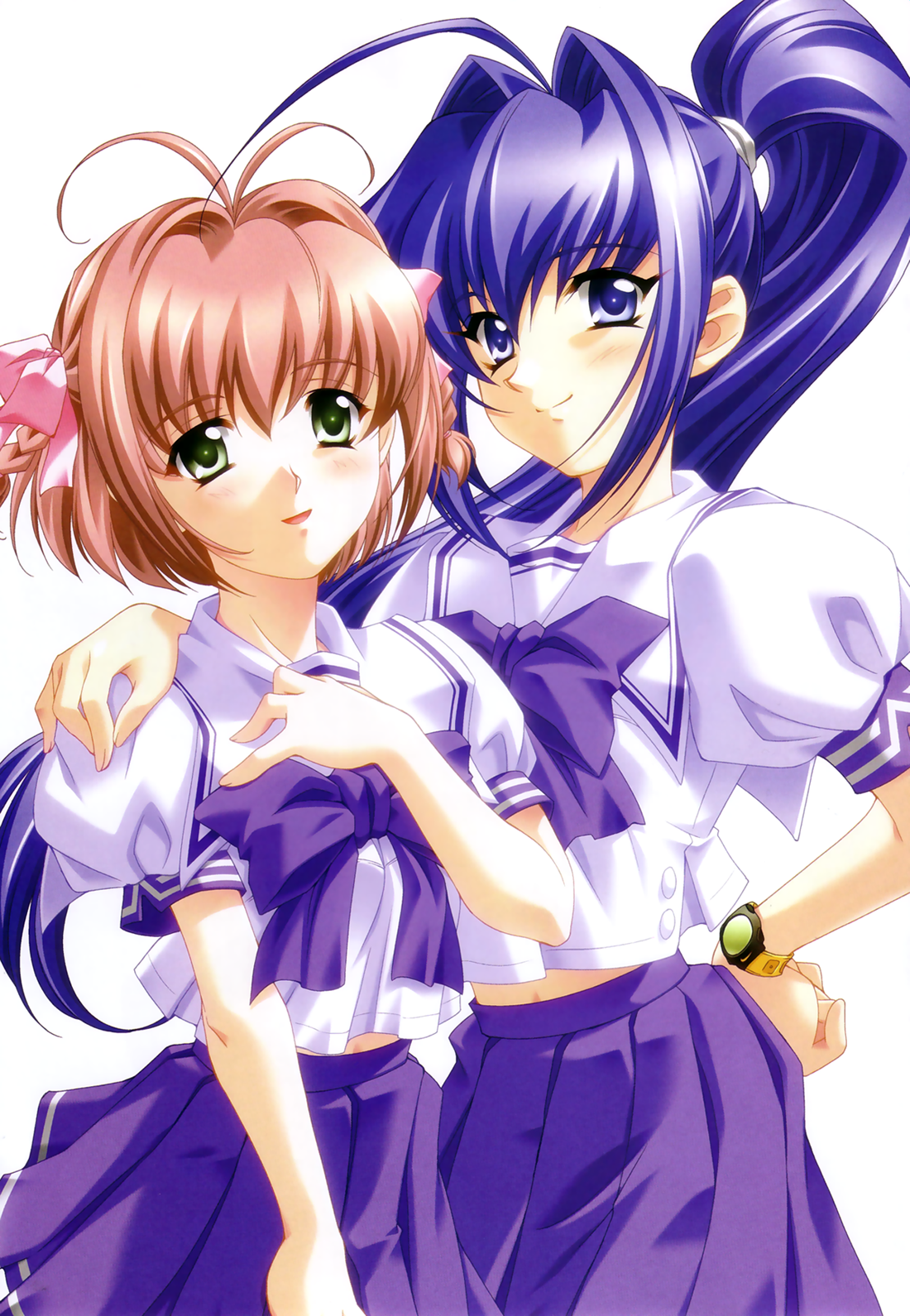 baka ouji persia, hayase mitsuki, suzumiya haruka, kimi ga nozomu eien, highres, 00s, 2girls, blue eyes, blue hair, blush, green eyes, hair intakes, hair ribbon, multiple girls, pink hair, ribbon, school uniform, serafuku, short hair, skirt, watch, wristwatch