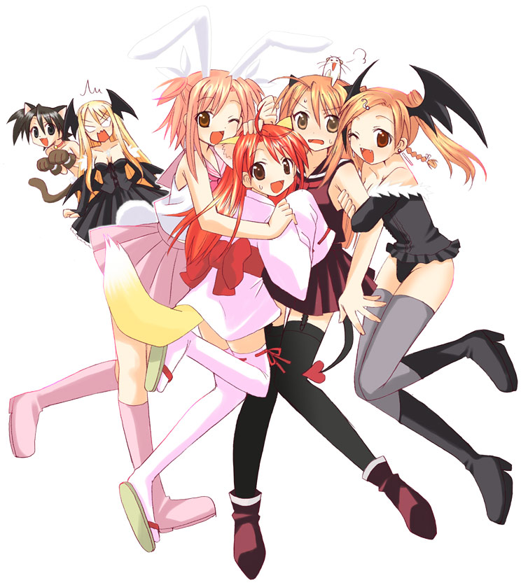 yuuma (omaeno meinichi), akashi yuuna, albert chamomille, hasegawa chisame, kitsunegi, negi springfield, sasaki makie, shiina sakurako, yukihiro ayaka, capcom, darkstalkers, mahou sensei negima!, mahou shoujo biblion, md5 mismatch, 1boy, 5girls, :d, ;d, ^^^, animal ears, bat wings, black thighhighs, blonde hair, boots, brown eyes, brown hair, cat ears, cat tail, cosplay, crossdressing, ermine, fangs, fox ears, fox tail, garter belt, head wings, heart, horns, japanese clothes, long hair, low wings, multiple girls, one eye closed, open mouth, pink boots, rabbit ears, red hair, school uniform, serafuku, short hair, side ponytail, skirt, smile, sweatdrop, tail, teenage girl and younger boy, thighhighs, trap, weasel, white background, wings
