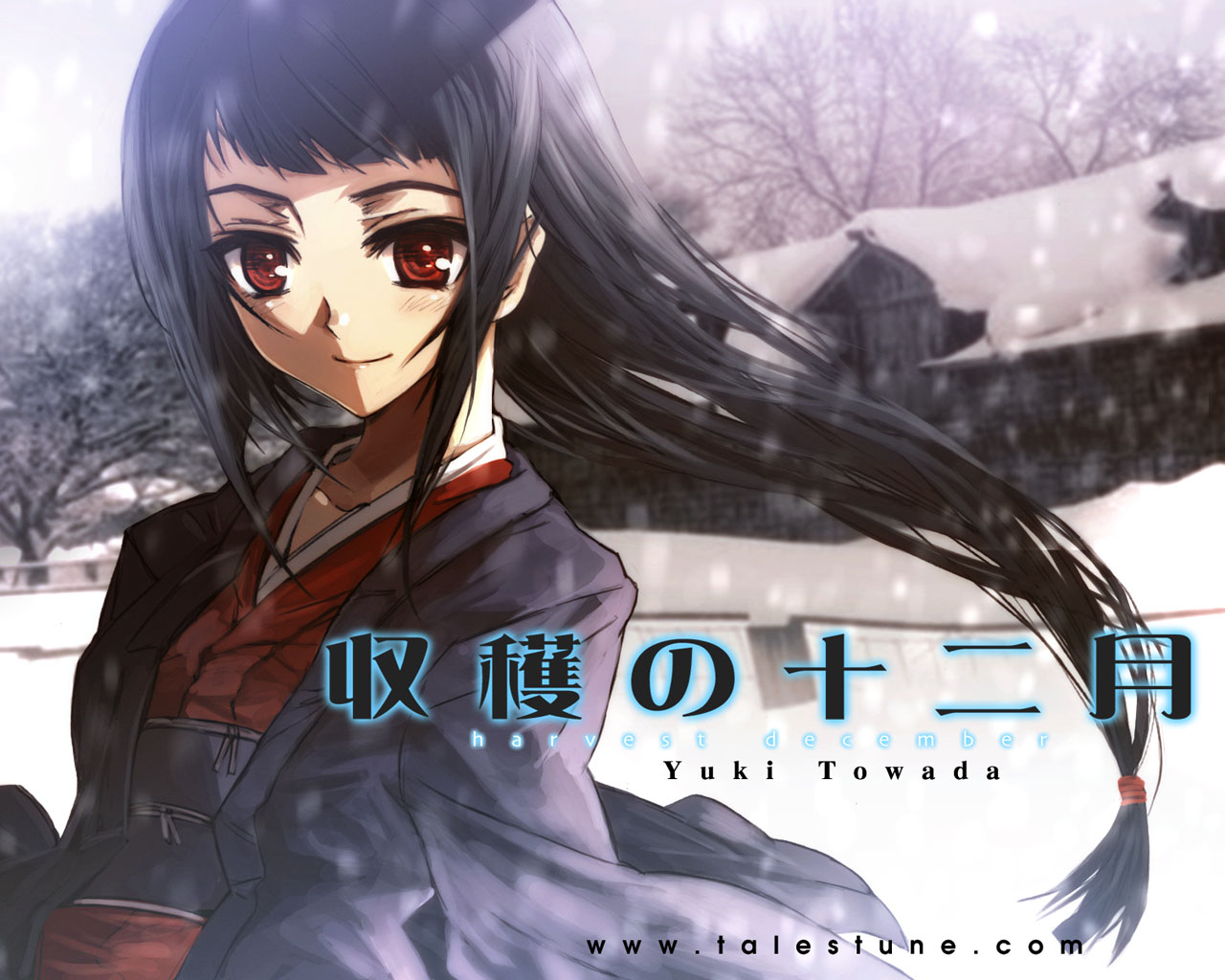 ueda yumehito, 1girl, black hair, female focus, japanese clothes, kimono, long hair, red eyes, snow, snowing, solo