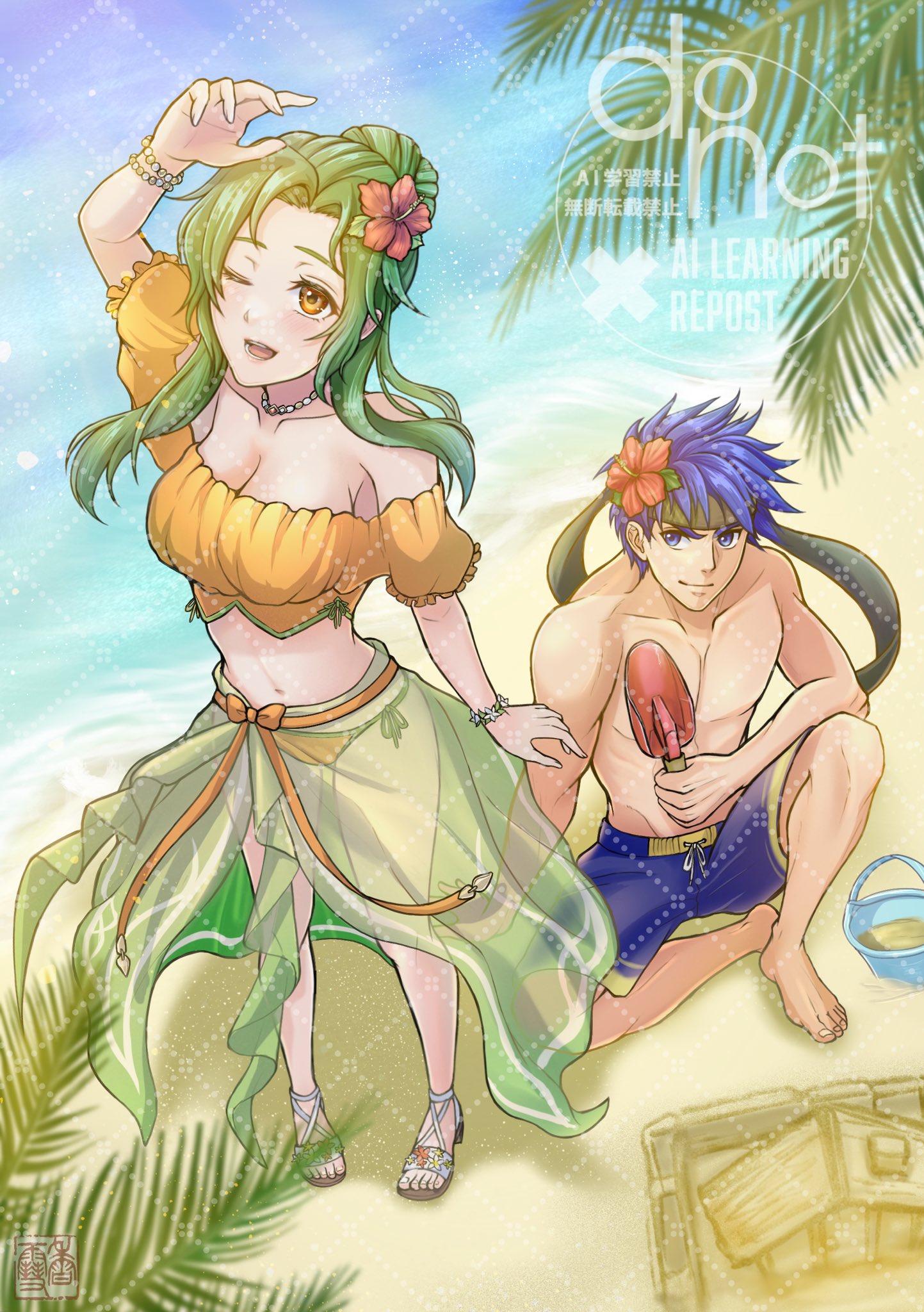 kousetu0506, elincia ridell crimea, elincia ridell crimea (summer), ike (fire emblem), fire emblem, fire emblem: path of radiance, fire emblem: radiant dawn, fire emblem heroes, nintendo, commentary request, highres, 1boy, 1girl, abs, bare shoulders, barefoot, beach, bikini, black headband, blue eyes, blue hair, blue swim trunks, bracelet, breasts, brown eyes, bucket, cleavage, closed mouth, collarbone, flower, from above, green hair, green sarong, hair flower, hair ornament, headband, hibiscus, jewelry, large breasts, long hair, looking at viewer, male swimwear, midriff, muscular, navel, ocean, off-shoulder bikini, off shoulder, official alternate costume, one eye closed, orange bikini, outdoors, palm tree, pectorals, sand, sand castle, sand sculpture, sandals, sarong, see-through clothes, see-through sarong, short hair, smile, swim trunks, swimsuit, topless male, tree, trowel, water