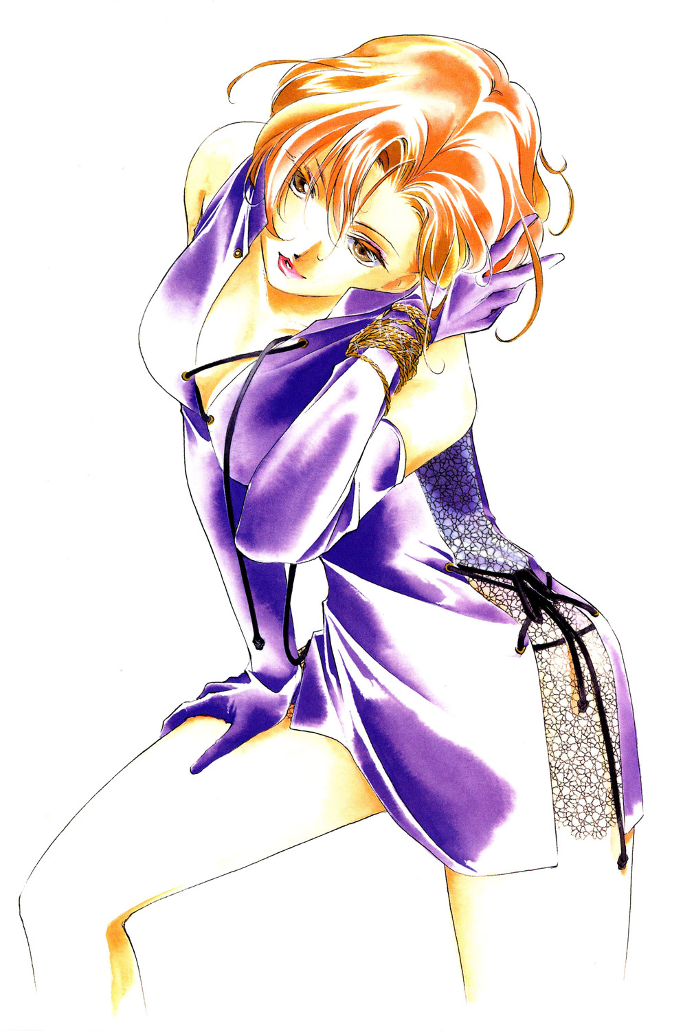kakinouchi narumi, yakushiji ryouko, yakushiji ryouko no kaiki jikenbo, highres, 1girl, breasts, brown eyes, cleavage, dress, elbow gloves, female focus, gloves, orange hair, ribbon, small breasts, solo