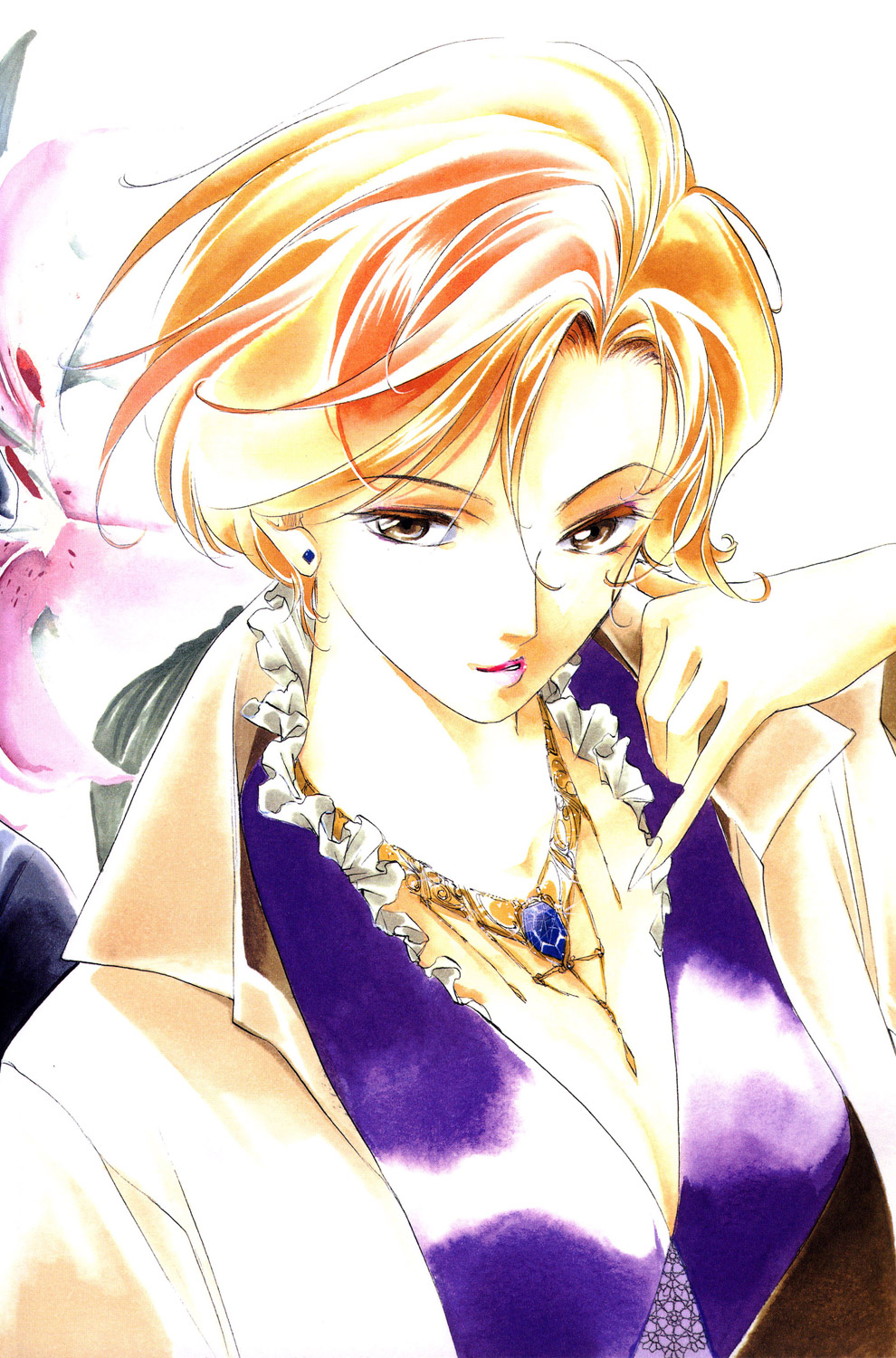 kakinouchi narumi, yakushiji ryouko, yakushiji ryouko no kaiki jikenbo, highres, brown eyes, coat, dress, earrings, jewelry, necklace, orange hair