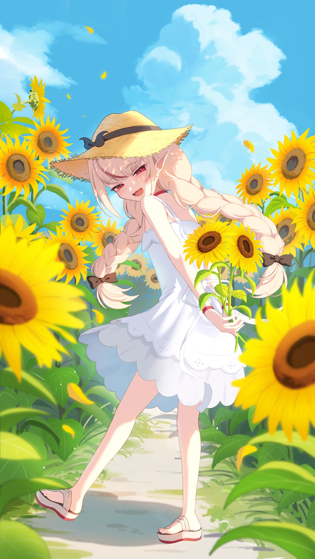 ruaruayana, makaino ririmu, makaino ririmu (3rd costume), nijisanji, highres, 1girl, arms behind back, bare shoulders, black bow, black ribbon, blunt bangs, blurry, blurry foreground, blush, bow, bracelet, braid, choker, cloud, collar, dress, falling petals, field, flower, flower field, from behind, full body, grey hair, hair ribbon, half-closed eyes, hat, hat bow, holding, holding flower, jewelry, lace trim, long hair, looking at viewer, looking back, low twin braids, multicolored hair, no socks, open mouth, outdoors, petals, platform sandals, pointy ears, red collar, red eyes, red hair, ribbon, sandals, shade, sidelocks, sky, sleeveless, sleeveless dress, smile, solo, standing, standing on one leg, straw hat, streaked hair, sundress, sunflower, sunflower field, twin braids, virtual youtuber, white dress, wind