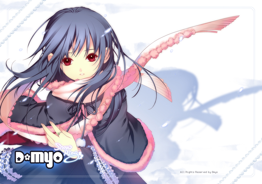 shirahane nao, dmyotic, 1girl, blue hair, female focus, from above, jewelry, long hair, looking up, red eyes, ring, scarf, snow, snowing, solo, winter