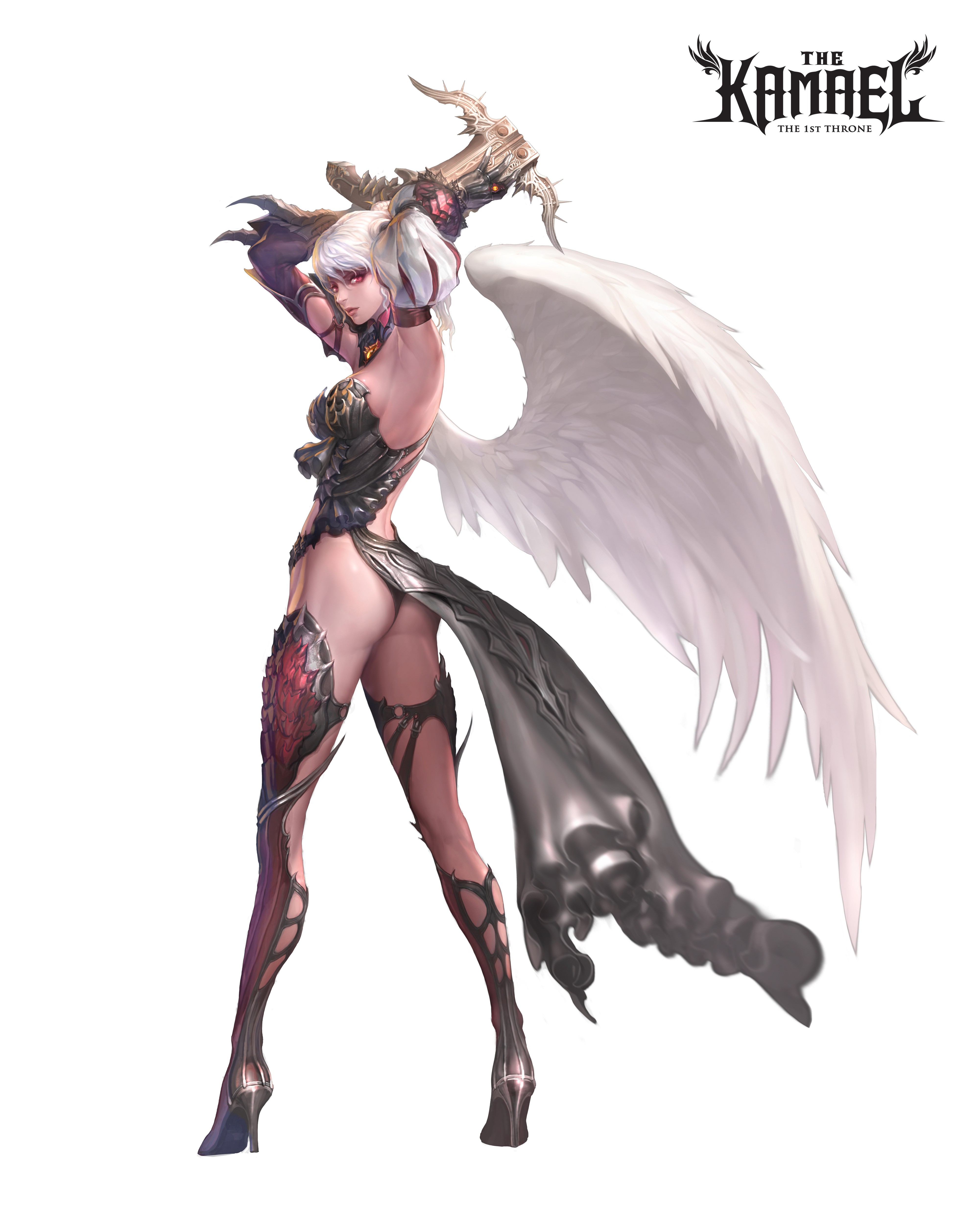 kamael, lineage, lineage 2, absurdres, highres, 1girl, armor, armpits, arms up, ass, bow (weapon), breasts, bustier, crossbow, dress, elbow gloves, elf, feathered wings, female focus, full body, gloves, high heels, holding, holding crossbow, holding weapon, legs, lingerie, lips, long legs, looking back, medium breasts, pointy ears, red eyes, shoes, simple background, solo, standing, underwear, weapon, white background, white hair, wings