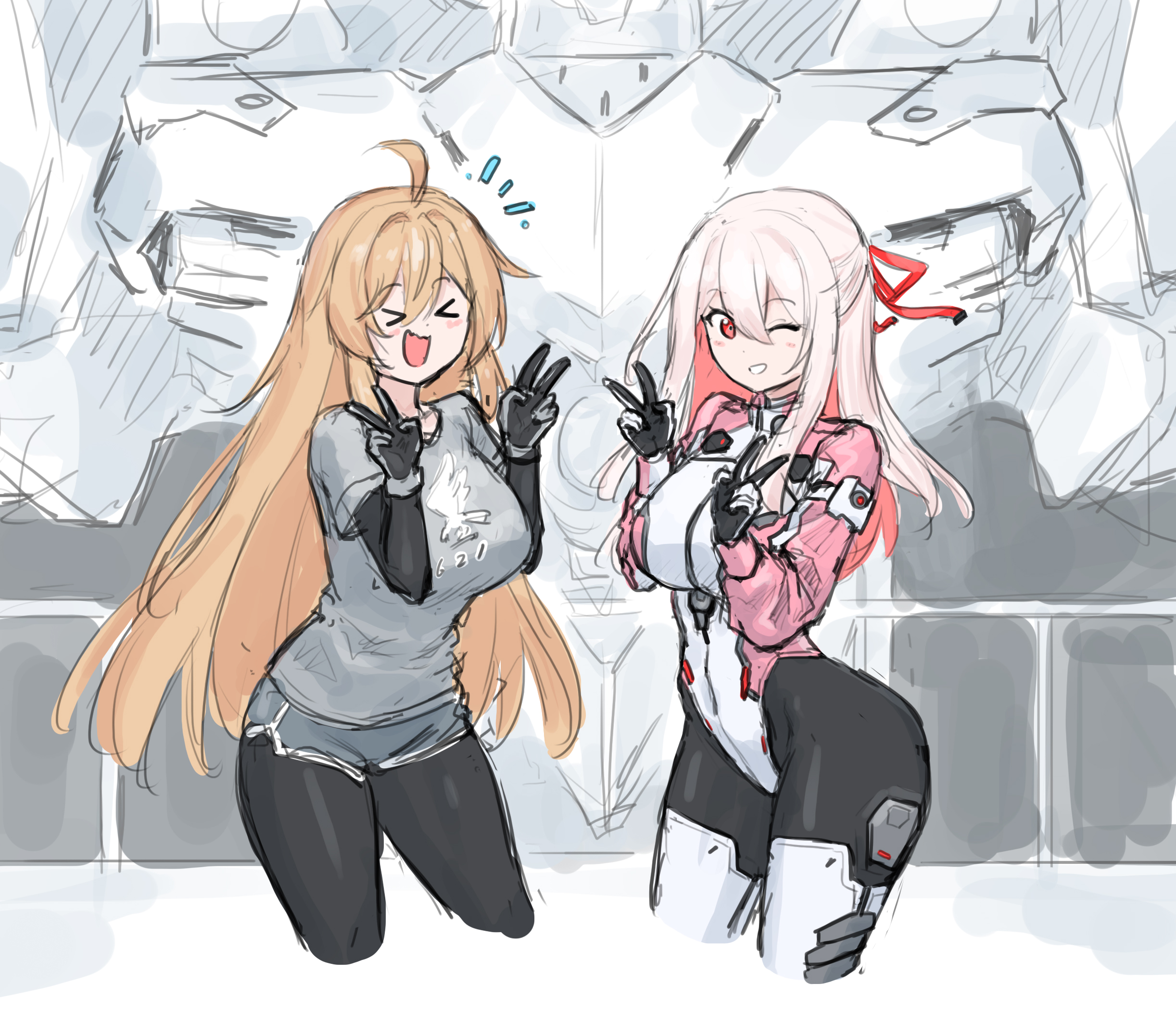 maxilax, 621 (armored core vi), ayre (armored core vi), armored core, armored core vi: fires of rubicon, highres, > <, 2girls, blush, breasts, closed eyes, long hair, long sleeves, mecha, multiple girls, open mouth, red eyes, red ribbon, ribbon, robot, shirt, smile