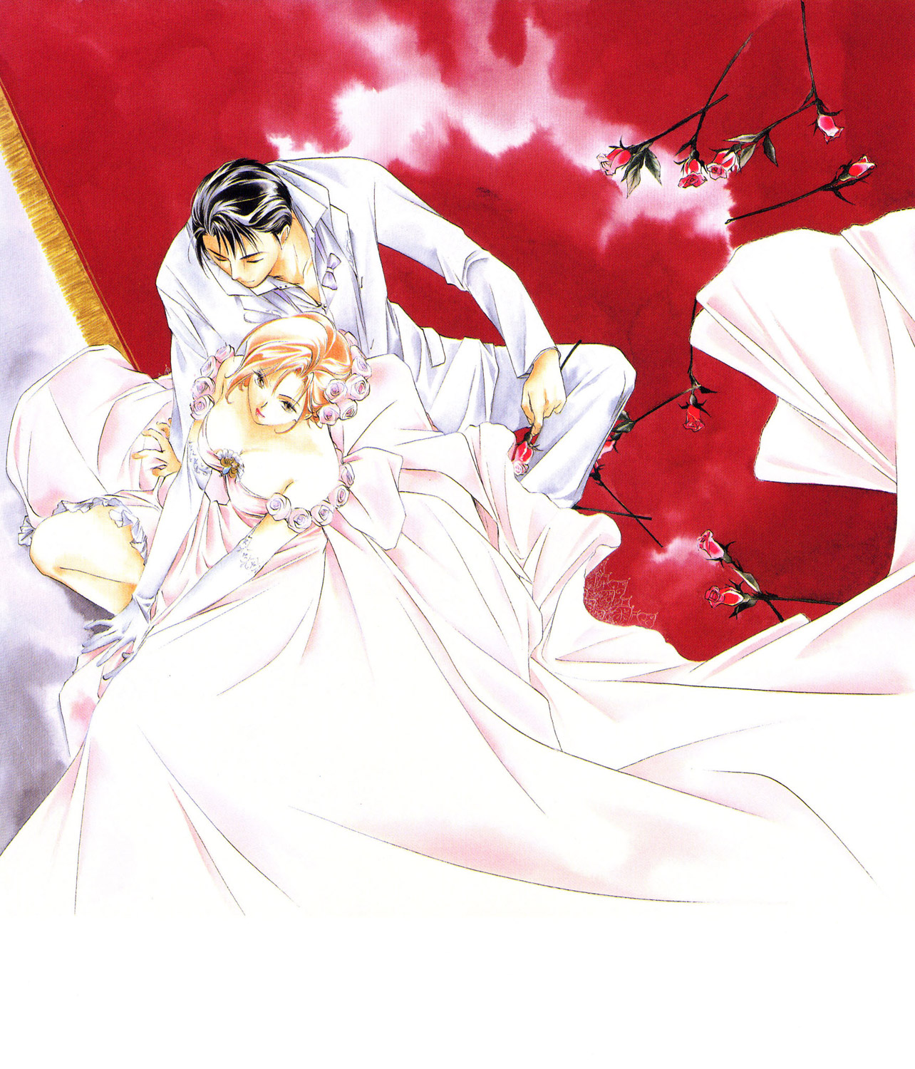 kakinouchi narumi, yakushiji ryouko, yakushiji ryouko no kaiki jikenbo, highres, black hair, bride, brown eyes, dress, elbow gloves, flower, gloves, orange hair, rose, tuxedo, wedding dress
