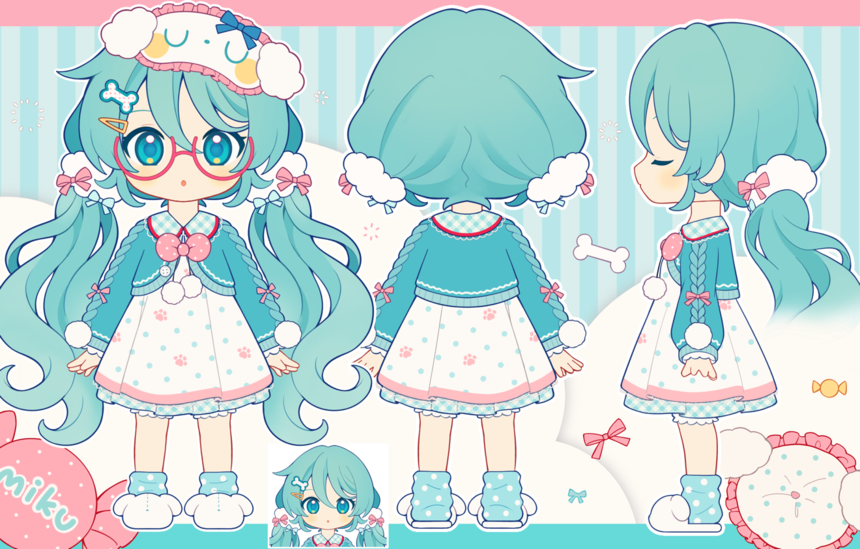 inomo (qimoshu), hatsune miku, vocaloid, commentary, figure available, merchandise available, official art, 1girl, :o, animal slippers, aqua eyes, aqua hair, aqua jacket, aqua socks, bone hair ornament, character name, closed eyes, dog slippers, dress, eyewear on head, from behind, from side, hair ornament, hair scrunchie, hairclip, jacket, long hair, looking at viewer, loungewear outfit miku, multiple views, parted lips, paw print, polka dot, polka dot dress, polka dot socks, red-framed eyewear, reference sheet, scrunchie, semi-rimless eyewear, sleep mask, slippers, socks, twintails, very long hair, white dress