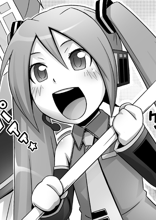 ha-ru, hatsune miku, vocaloid, 1girl, female focus, greyscale, long hair, monochrome, solo, twintails, very long hair
