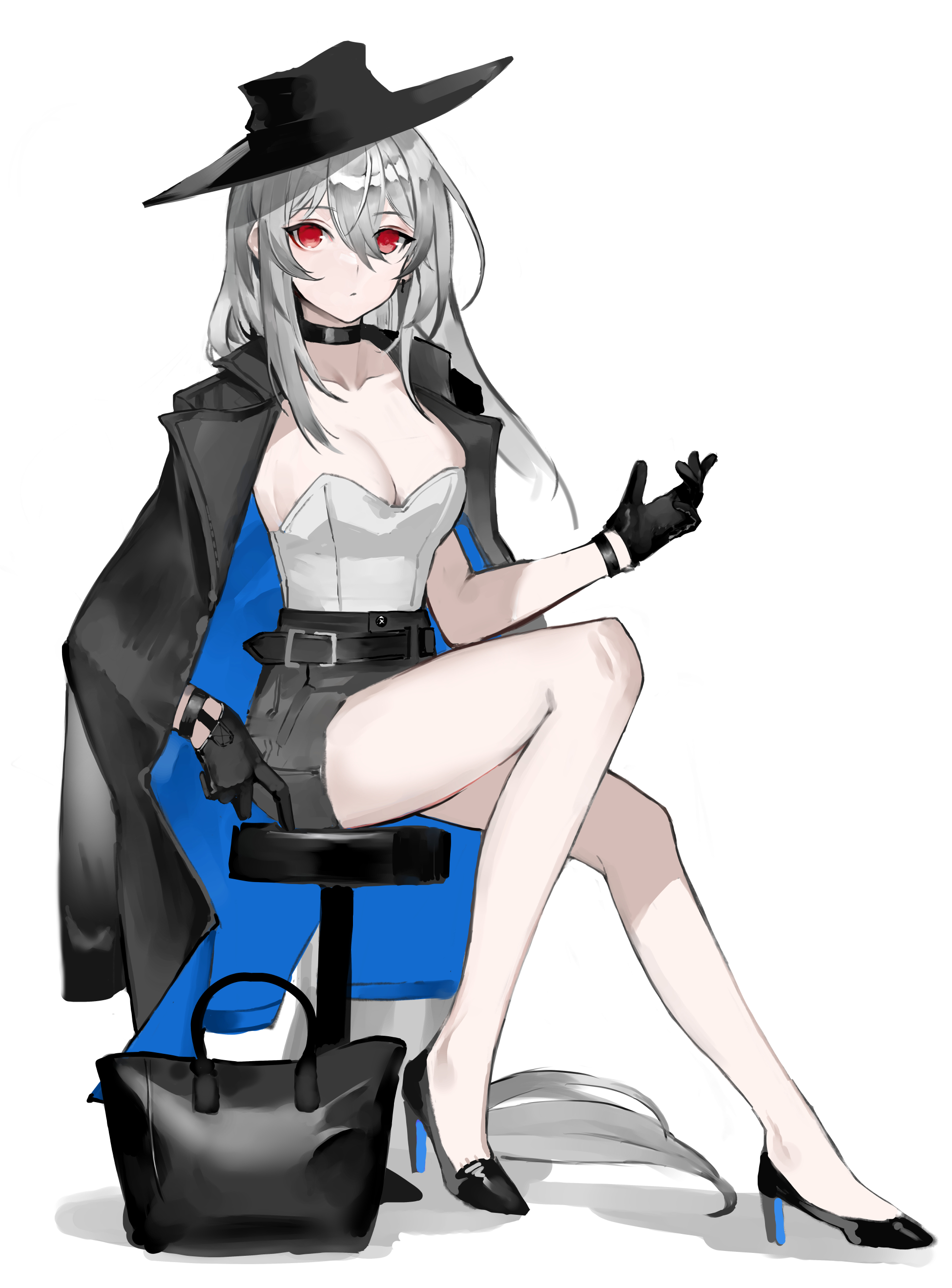 s 4ik4, skadi (arknights), arknights, absurdres, highres, bag, bare legs, belt, black gloves, black hat, black jacket, black shoes, breasts, chair, choker, cleavage, collarbone, full body, gloves, hair between eyes, handbag, hat, high heels, jacket, long hair, low-tied long hair, medium breasts, miniskirt, on chair, open clothes, open jacket, red eyes, shirt, shoes, simple background, sitting, skirt, strapless, strapless shirt, thighs, very long hair, white background, white shirt