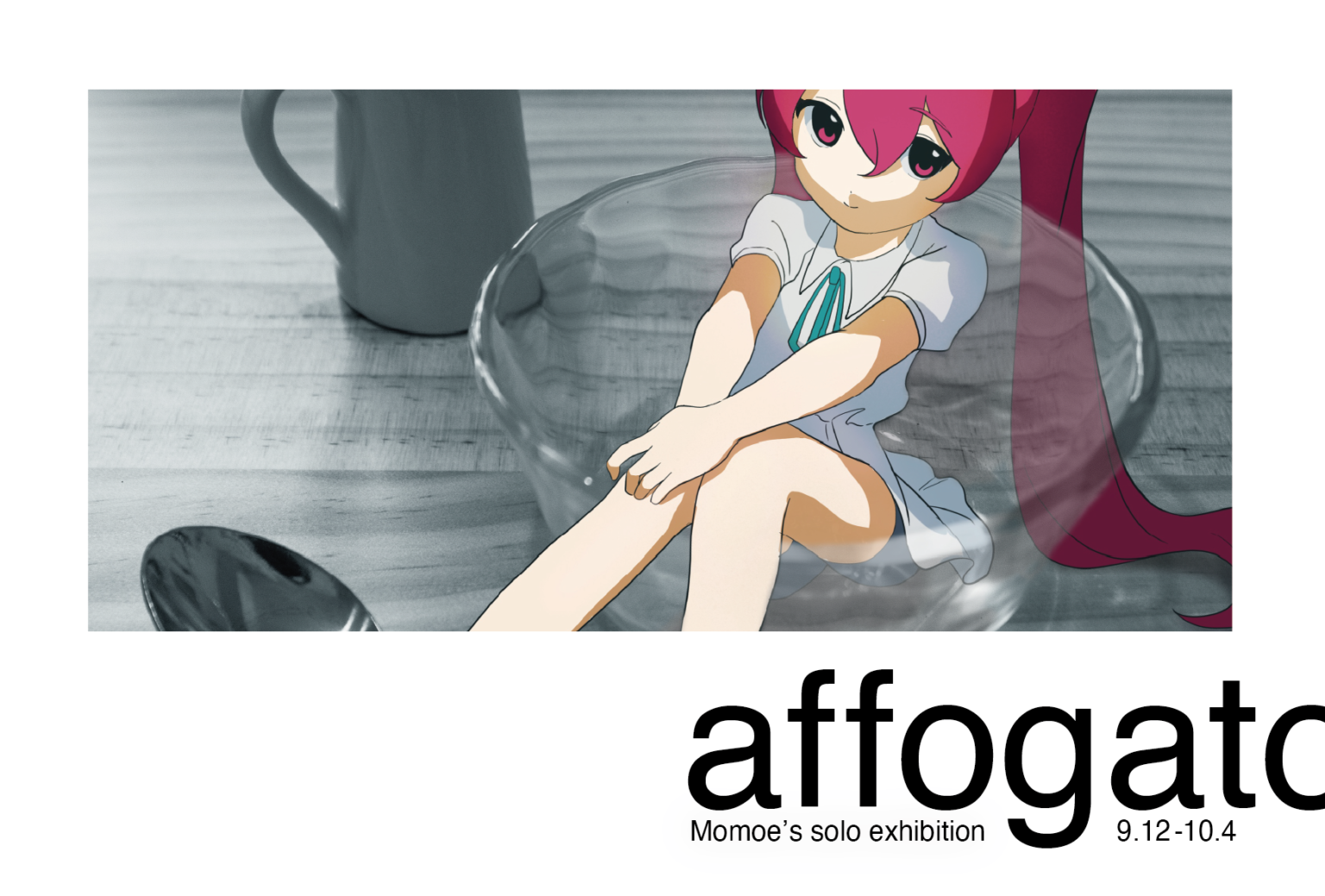 momoe (mme daigaku), original, second-party source, 1girl, closed mouth, cup, dress, feet out of frame, in container, in cup, long hair, looking at viewer, mini person, minigirl, neck ribbon, opera red-chan (momoe), photo background, red eyes, red hair, ribbon, short dress, short sleeves, sitting, solo, twintails, very long hair, white dress